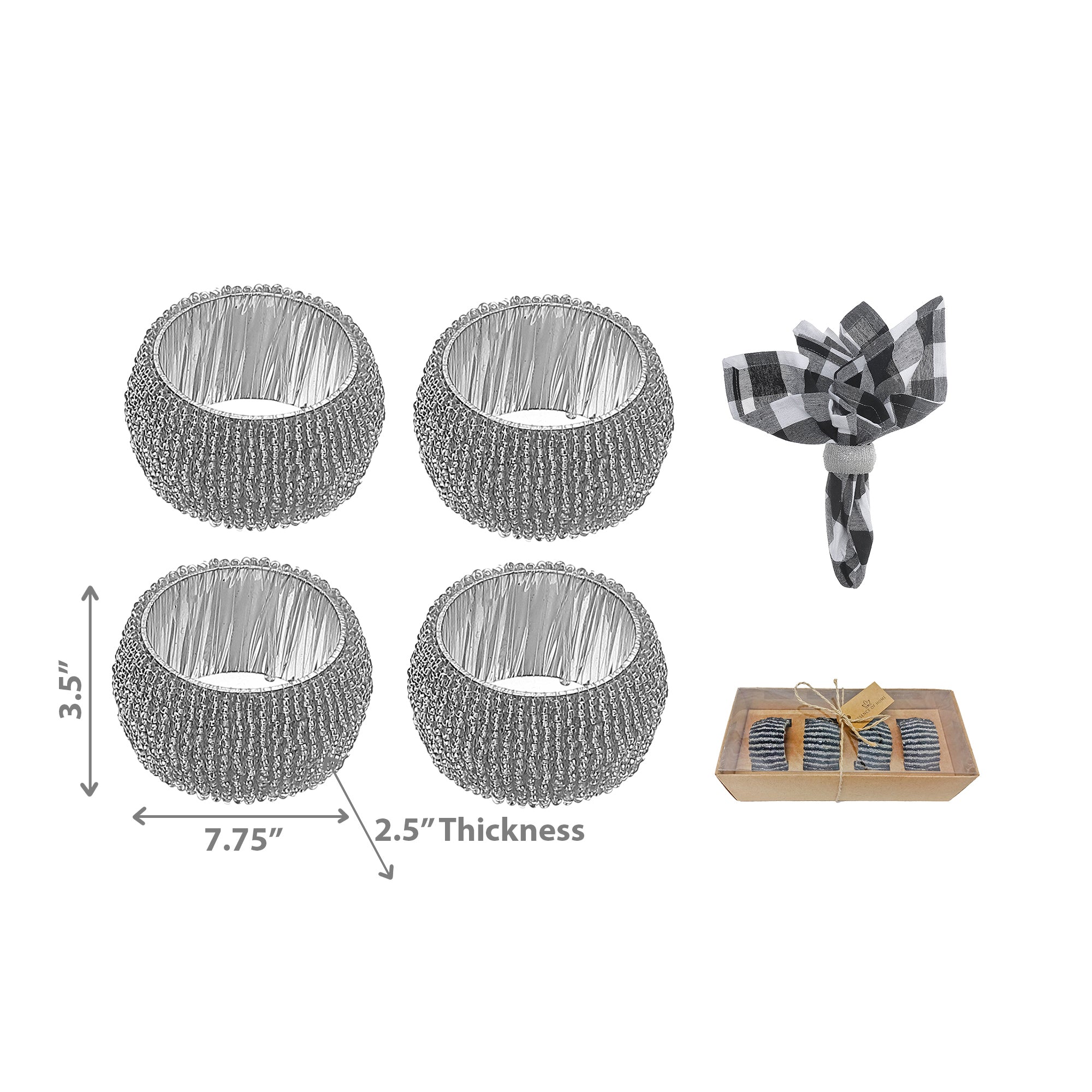 4Pc Beaded Silver Napkin Ring With Craft Box, Table Setting Decoration