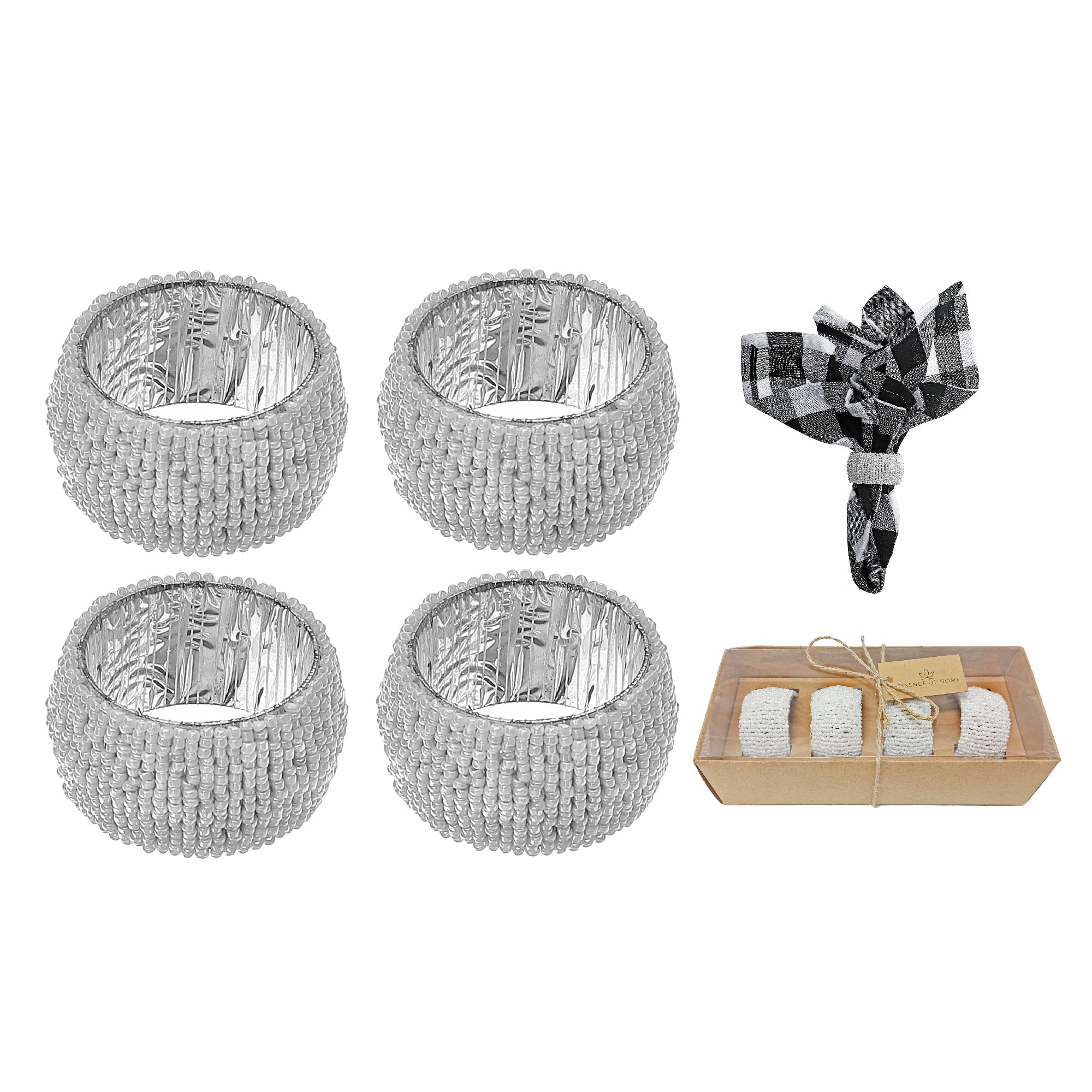 4Pc Beaded White Napkin Ring With Craft Box, Table Setting Decoration