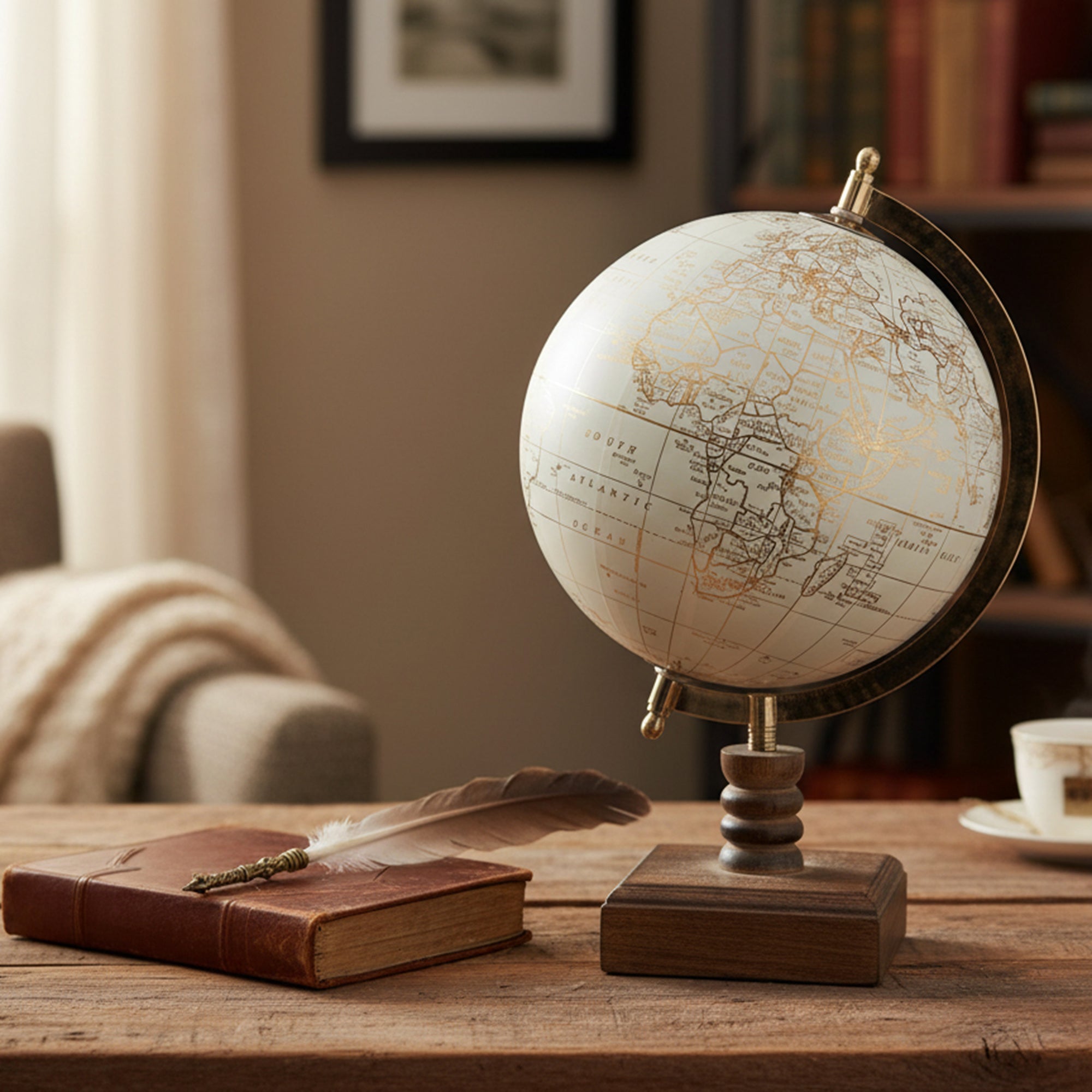 8-Inch Ivory Decorative World Globe with Stand, Home Office Décor, Tabletop, Study Accessory