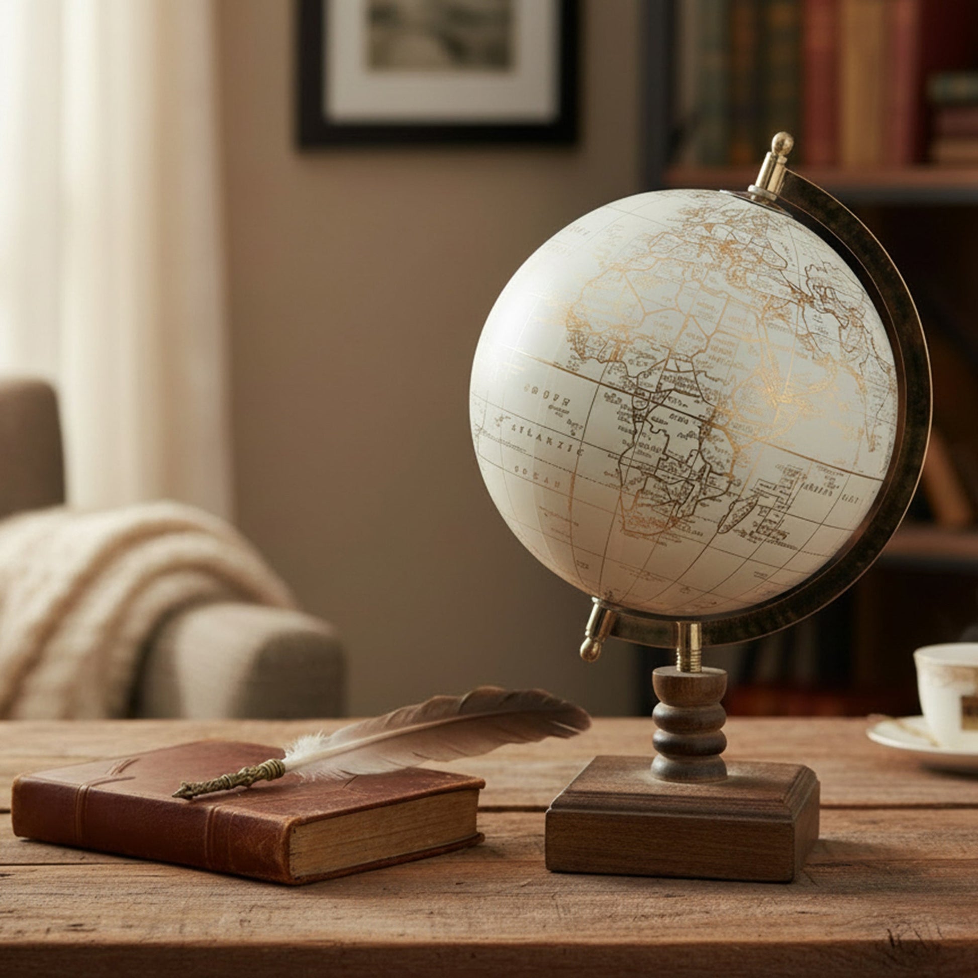5-Inch Ivory Decorative World Globe with Stand, Home Office Décor, Tabletop, Study Accessory