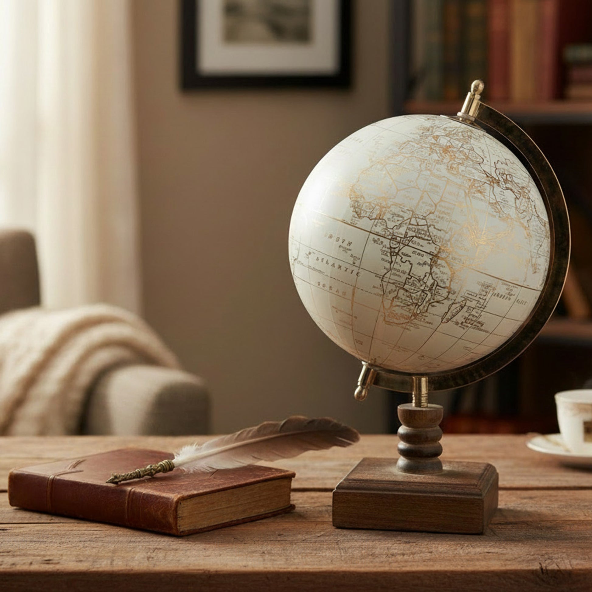 4-Inch Ivory Decorative World Globe with Stand, Home Office Décor, Tabletop, Study Accessory