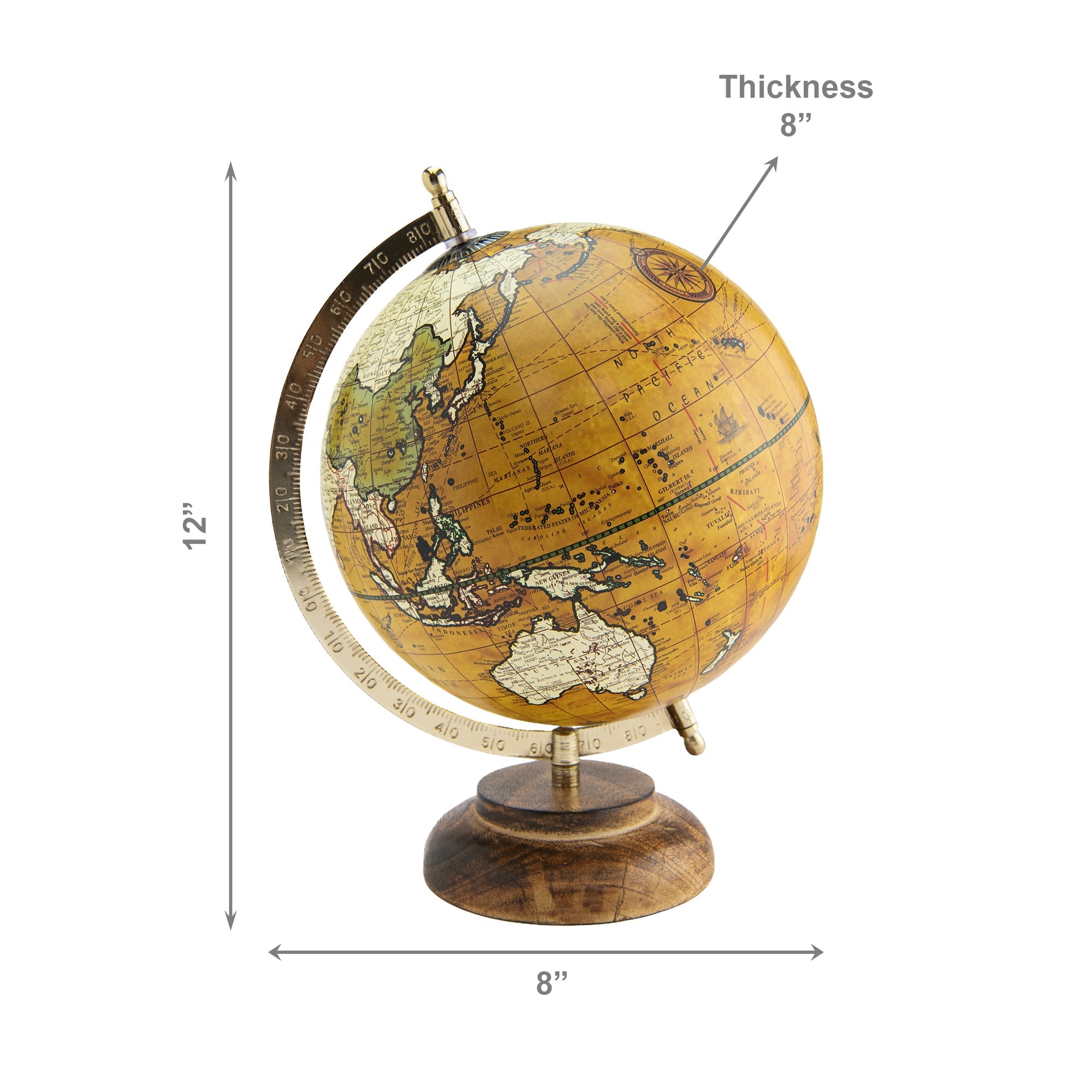 8-Inch Brown Decorative World Globe with Stand, Home Office Décor, Tabletop, Study Accessory