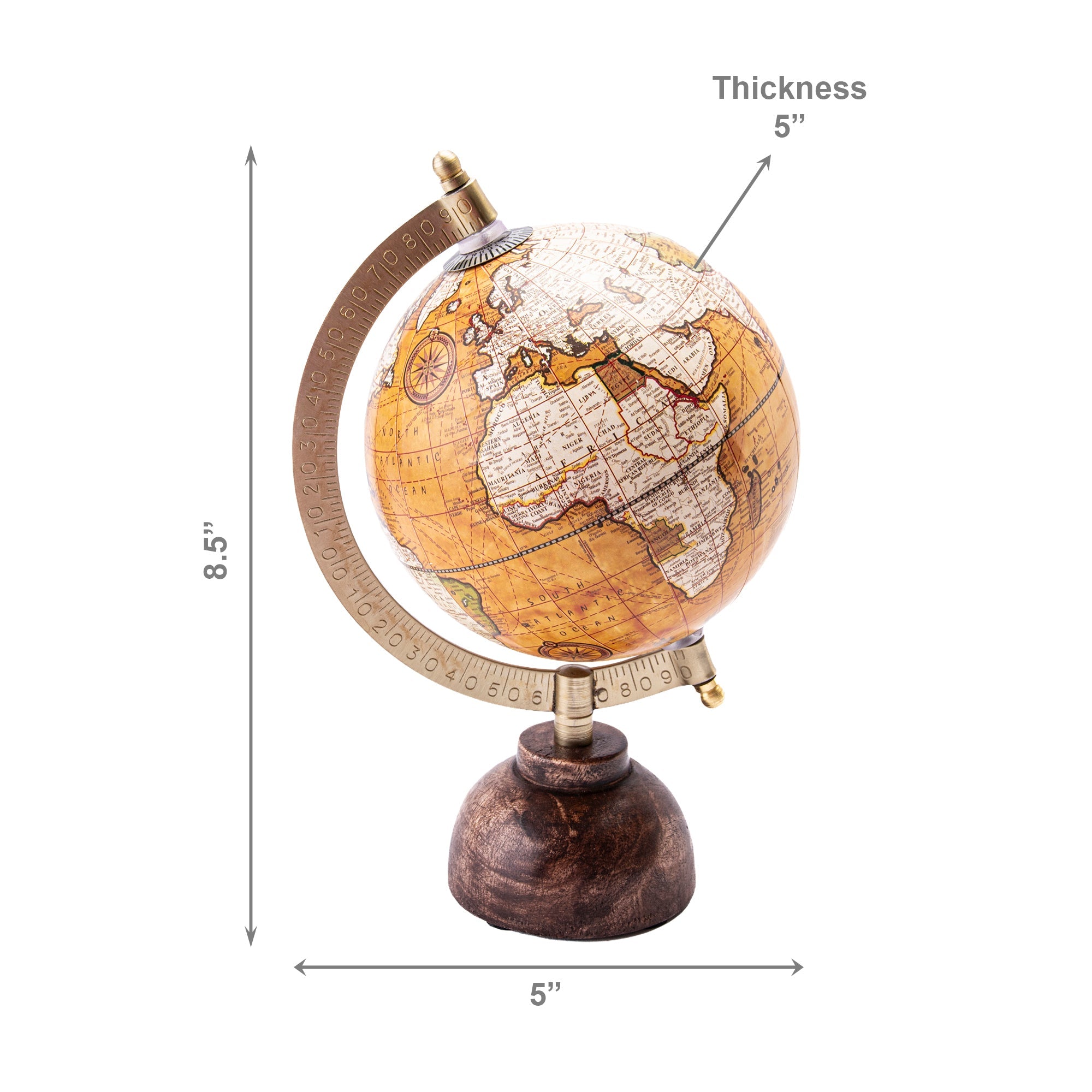 5-Inch Brown Decorative World Globe with Stand, Home Office Décor, Tabletop, Study Accessory