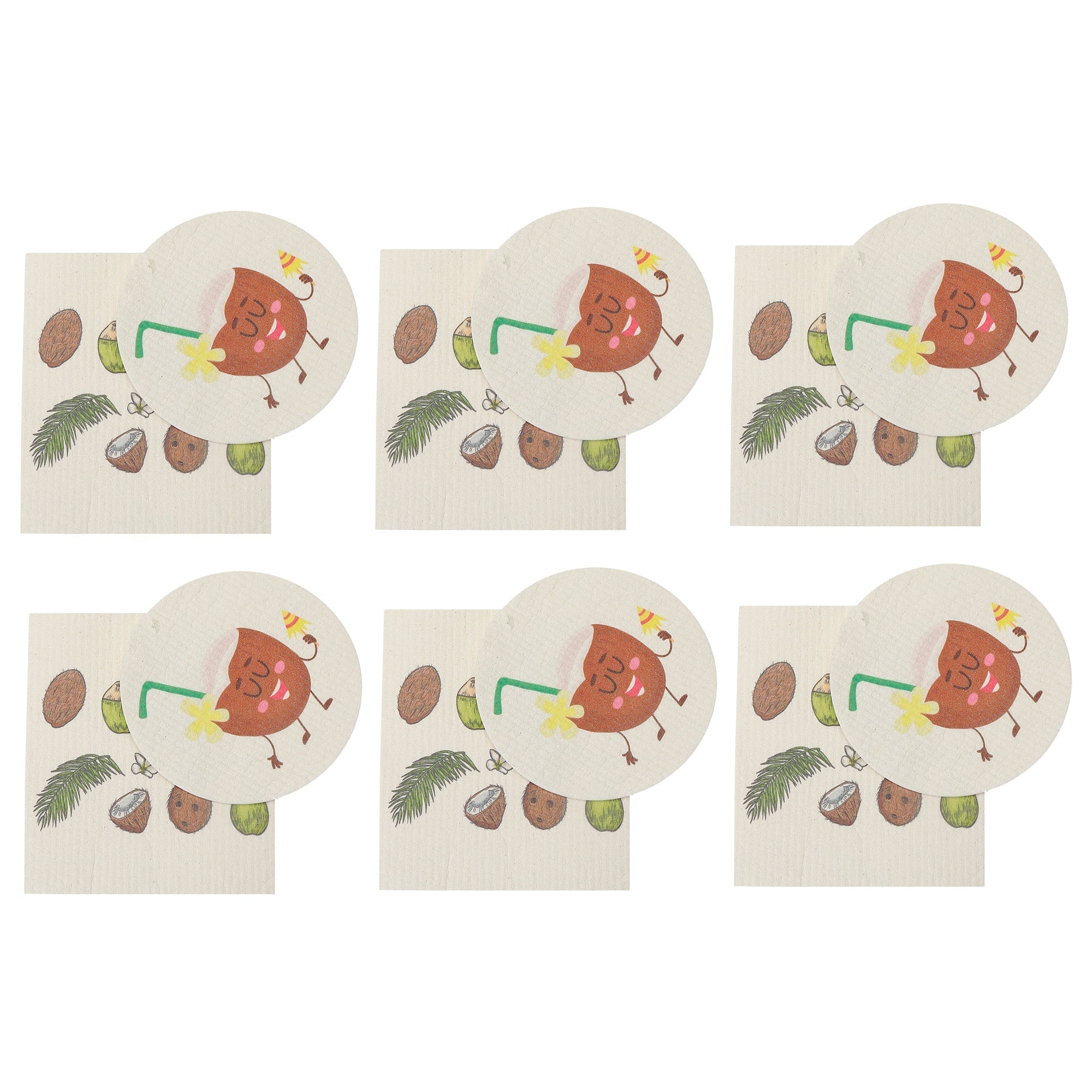 Swedish Circle & Square Dish Cloth 2Pc Coconut Assorted Set Of 6, Coconut Print Swedish Dish Cloth Set, Absorbent Kitchen Cloths