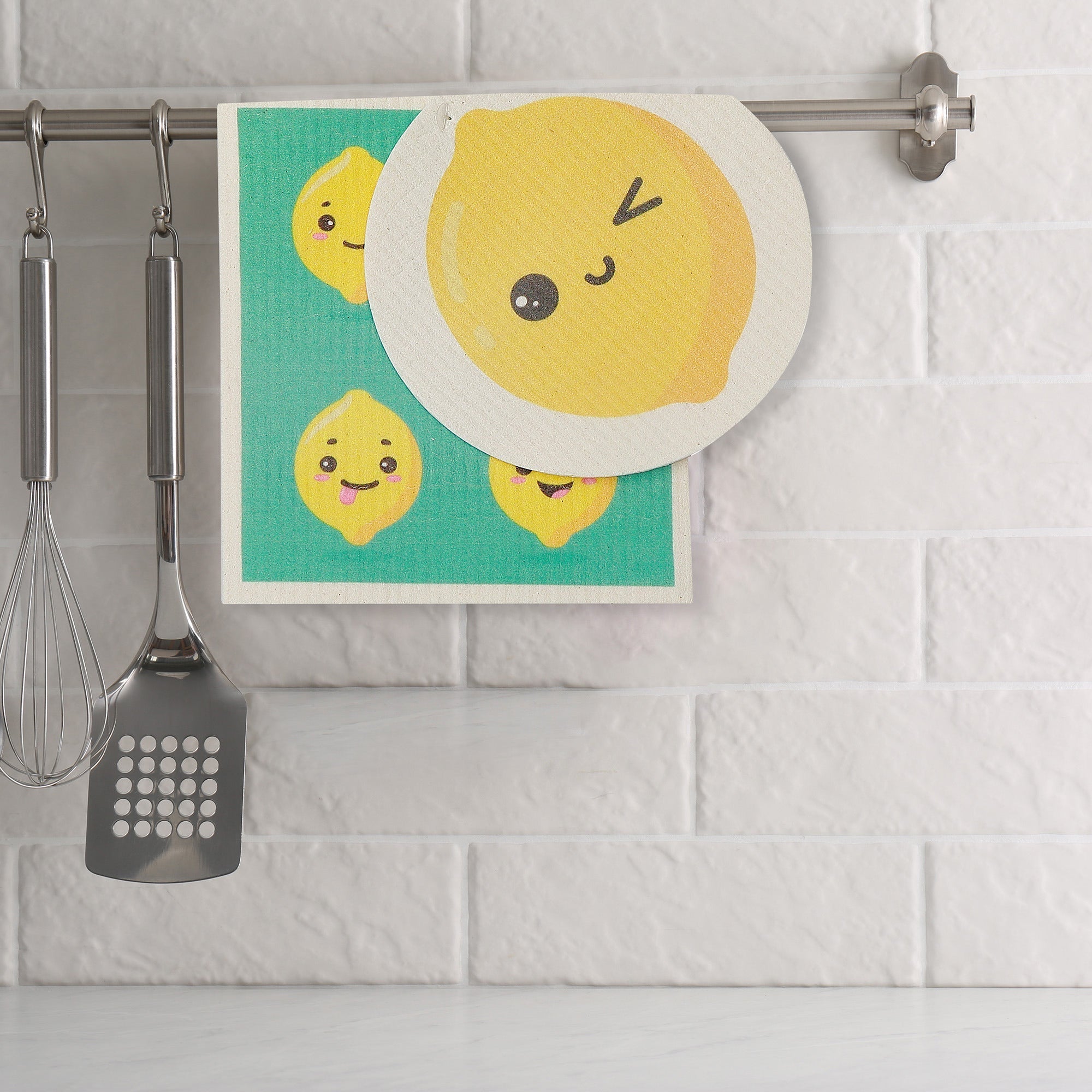 Swedish Circle & Square Dish Cloth 2Pc Lemon Assorted Set Of 6, Lemon Print Swedish Dish Cloth Set, Eco Friendly Kitchen Cloths