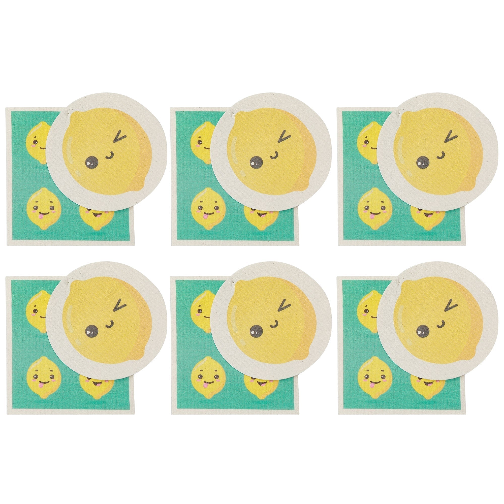 Swedish Circle & Square Dish Cloth 2Pc Lemon Assorted Set Of 6, Lemon Print Swedish Dish Cloth Set, Eco Friendly Kitchen Cloths