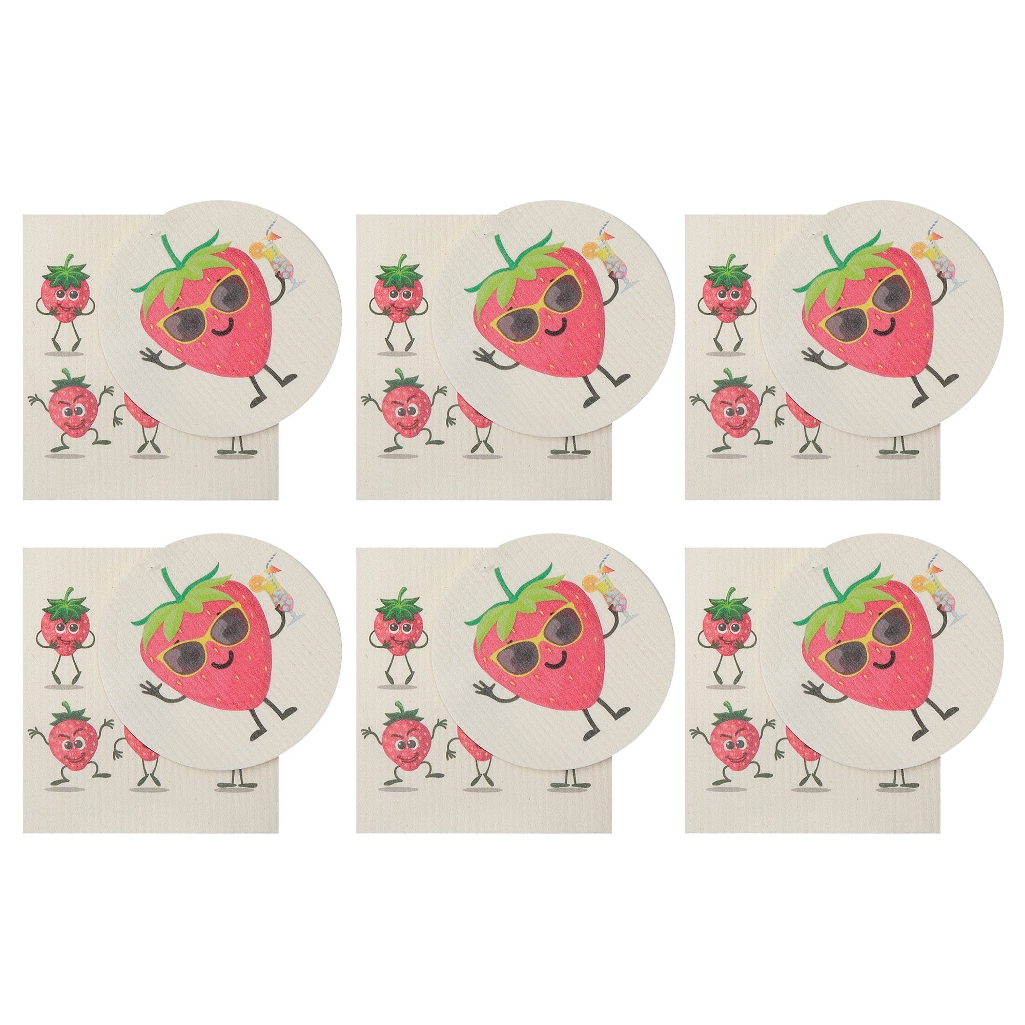 Swedish Circle & Square Dish Cloth 2Pc Strawberry Assorted Set Of 6, Strawberry Swedish Dish Cloth Set, Reusable Kitchen Cleaning Cloths