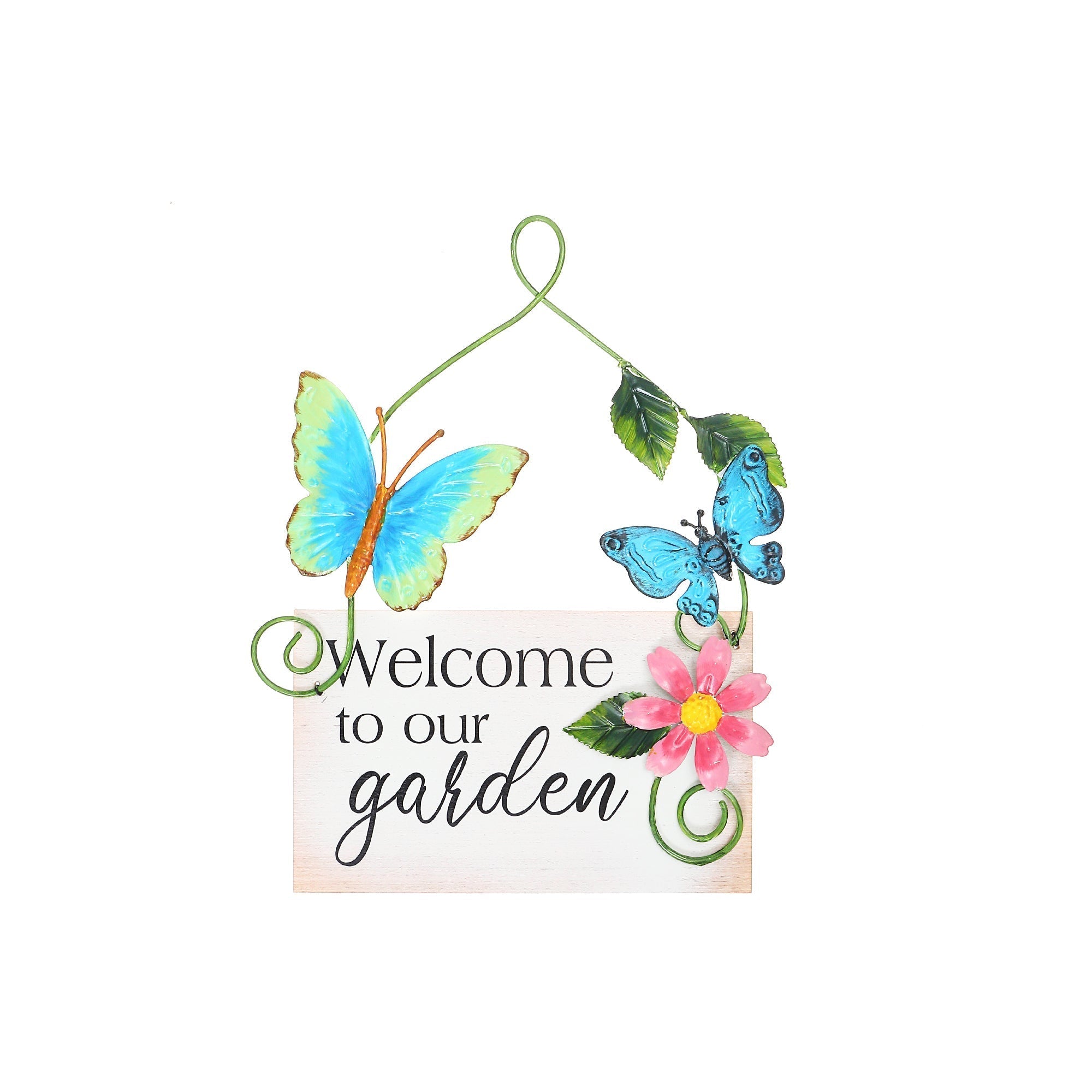 Welcome To Our Garden Metal Butterfly Hanger, Outdoor Wall Decor, Garden Accent