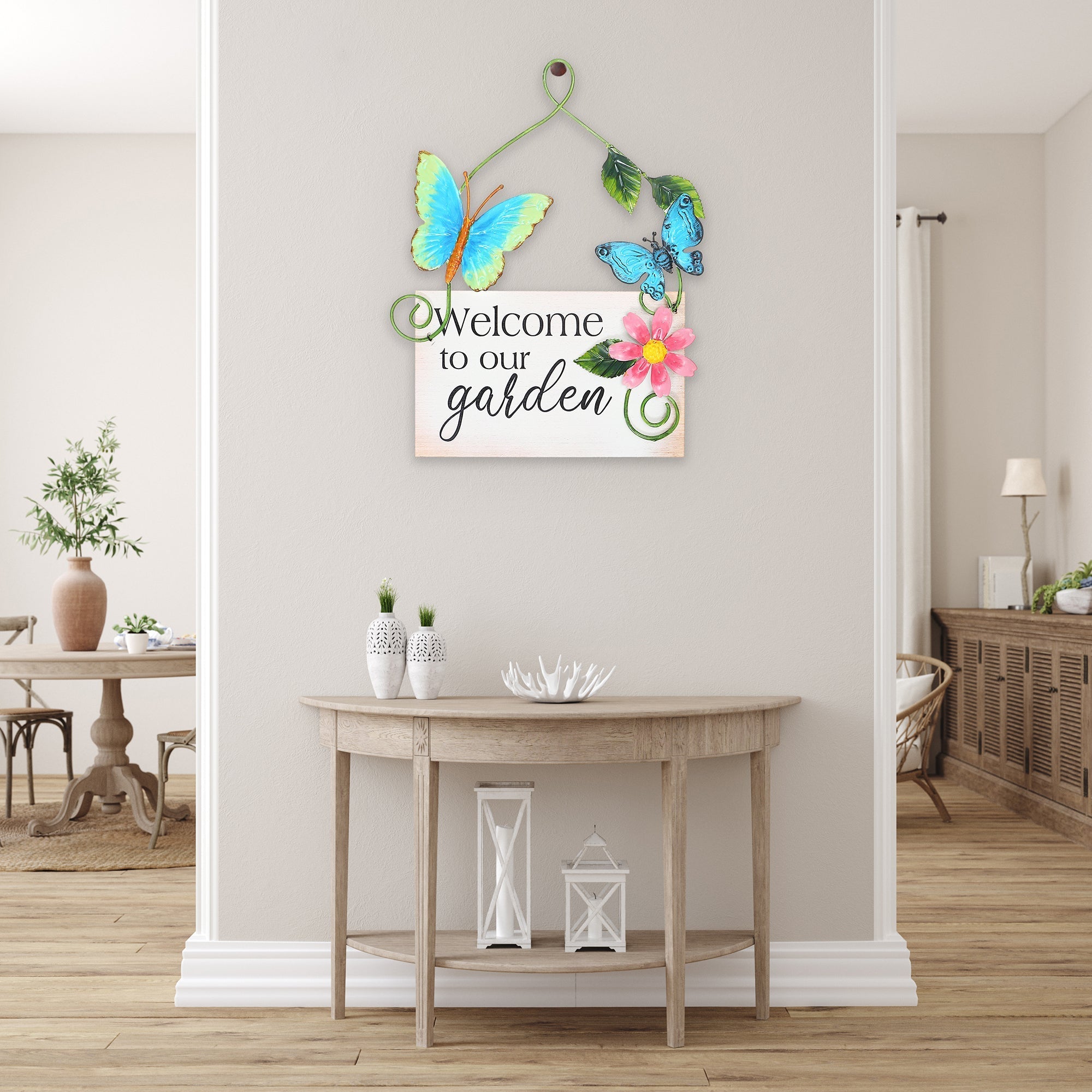 Welcome To Our Garden Metal Butterfly Hanger, Outdoor Wall Decor, Garden Accent