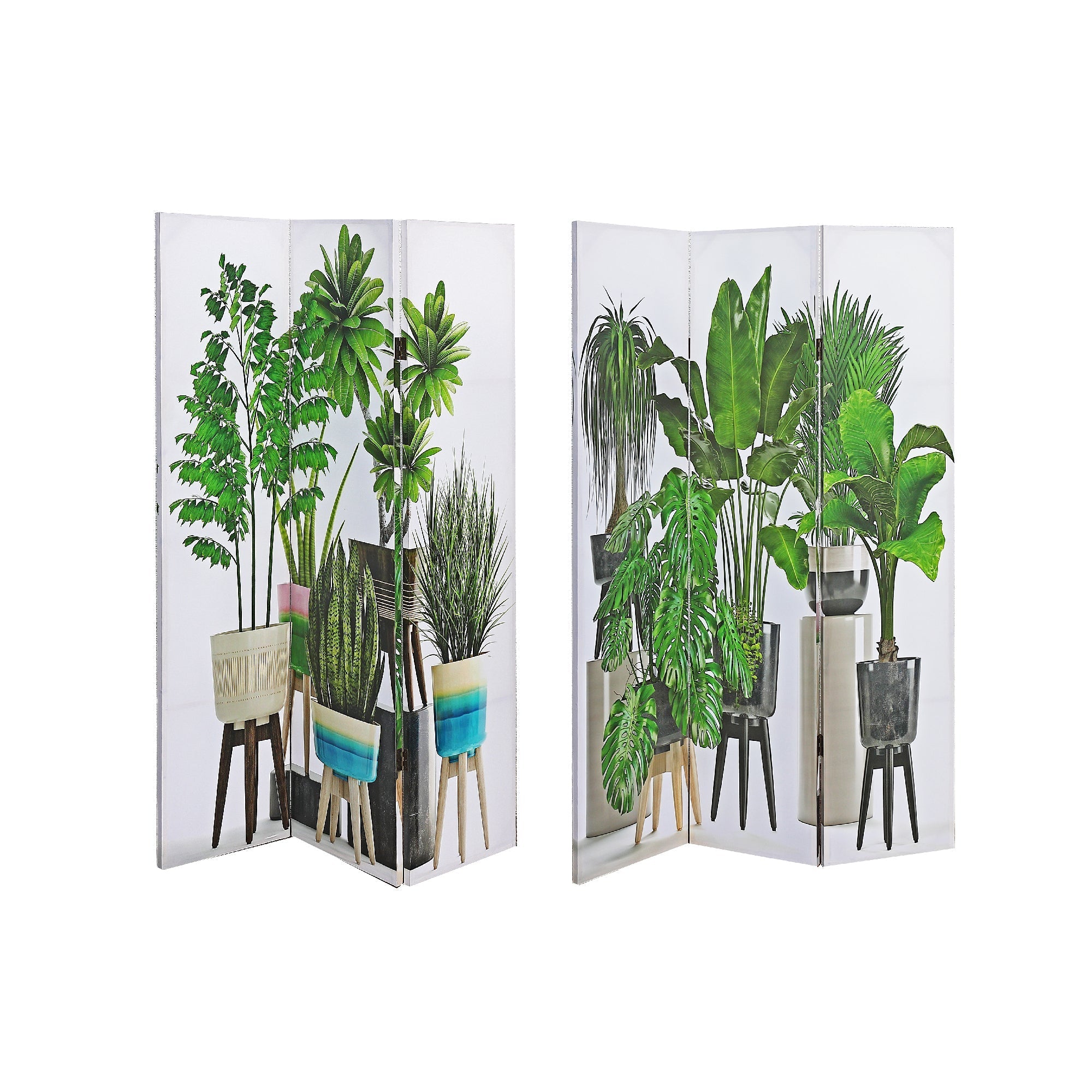 Double-Sided Canvas Room Divider With Potted Plant Prints, Decorative Privacy Screen For Home & Office, Room Partition
