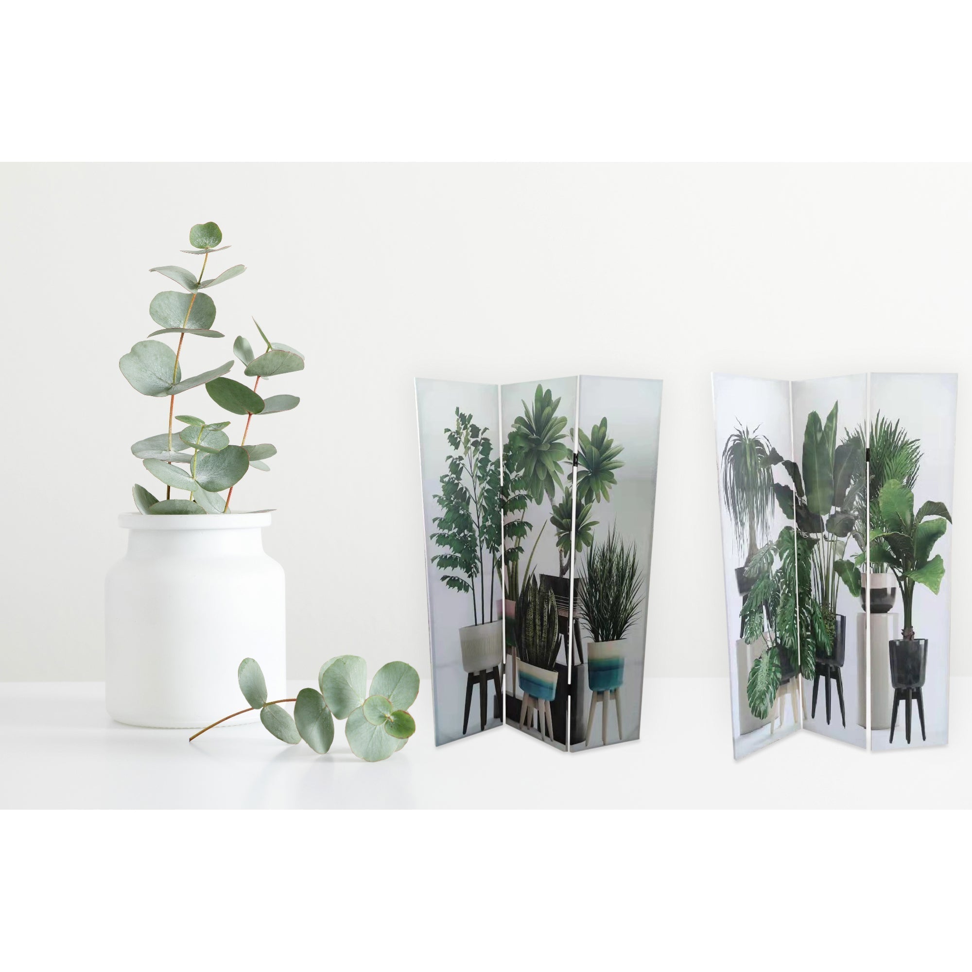 Double-Sided Canvas Room Divider With Potted Plant Prints, Decorative Privacy Screen For Home & Office, Room Partition