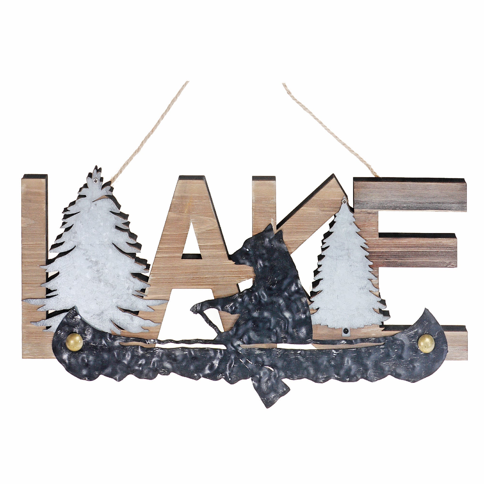 Wooden Lake Wall Decor With Metal Bear On Canoe, Rustic Cabin Lodge Wall Art