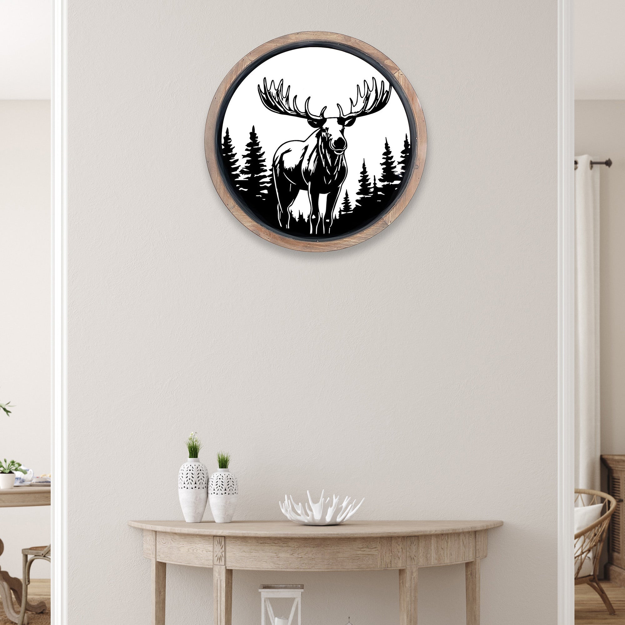 Wood Framed Metal Wall Art with Moose Forest Design, Rustic Lodge Wall Decor, Nature Inspired Home Accent