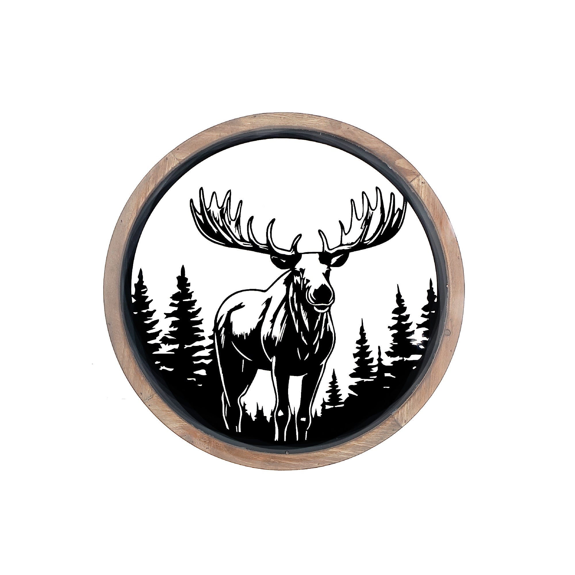 Wood Framed Metal Wall Art with Moose Forest Design, Rustic Lodge Wall Decor, Nature Inspired Home Accent