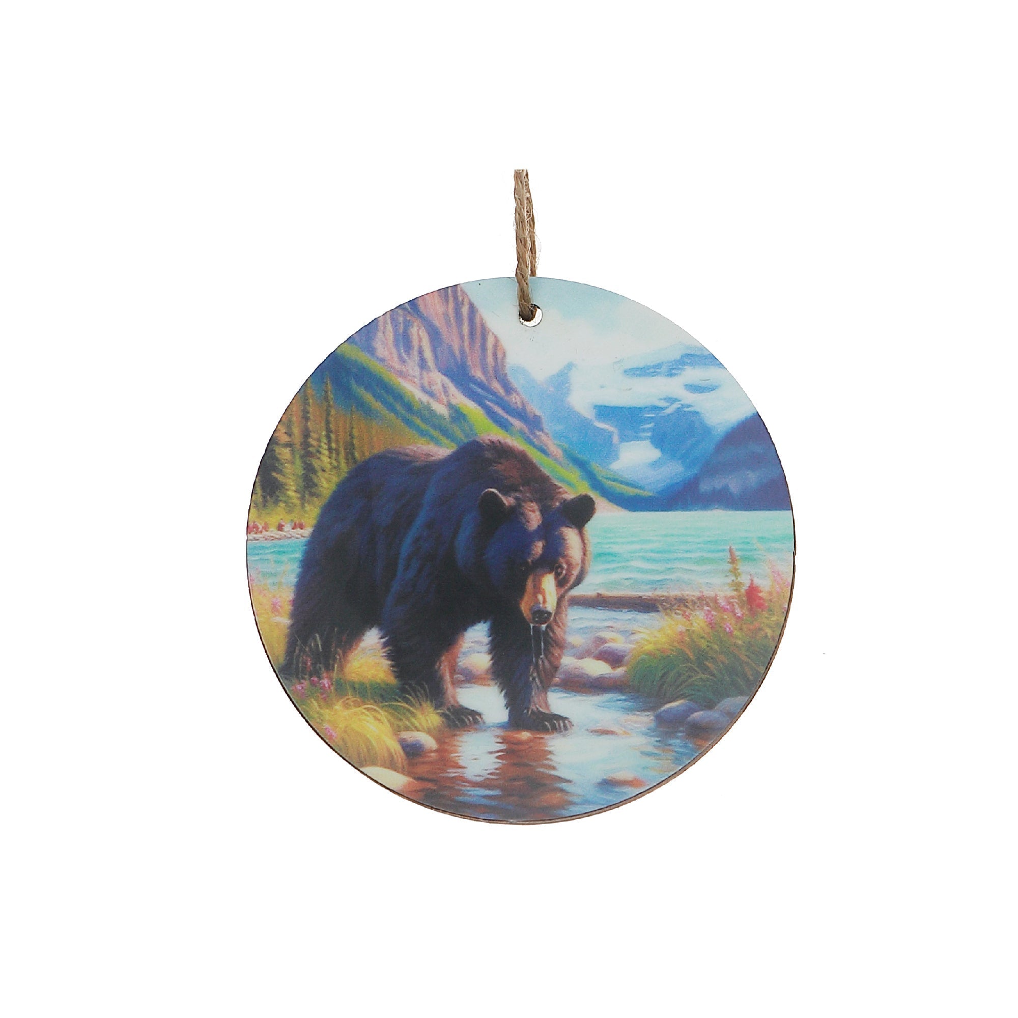 Wooden Round Wall Decor with Bear and Scenic River Design - Set of 6, Rustic Lodge Wall Decor, Nature Inspired Home Accent