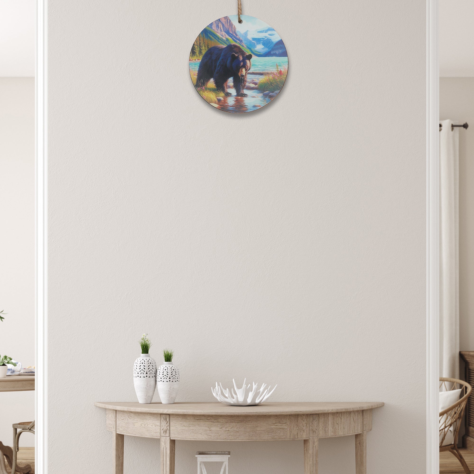 Wooden Round Wall Decor with Bear and Scenic River Design - Set of 6, Rustic Lodge Wall Decor, Nature Inspired Home Accent
