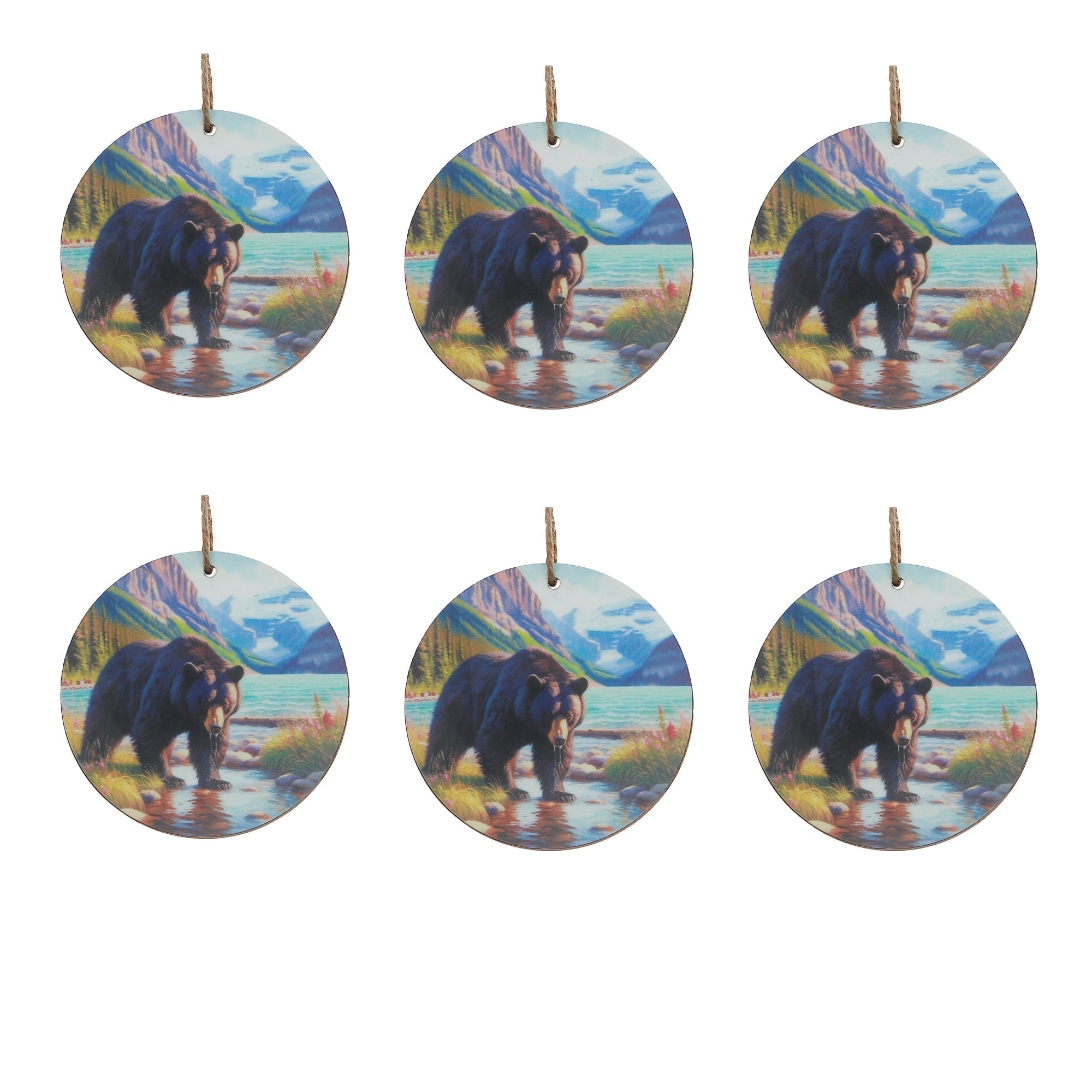 Wooden Round Wall Decor with Bear and Scenic River Design - Set of 6, Rustic Lodge Wall Decor, Nature Inspired Home Accent