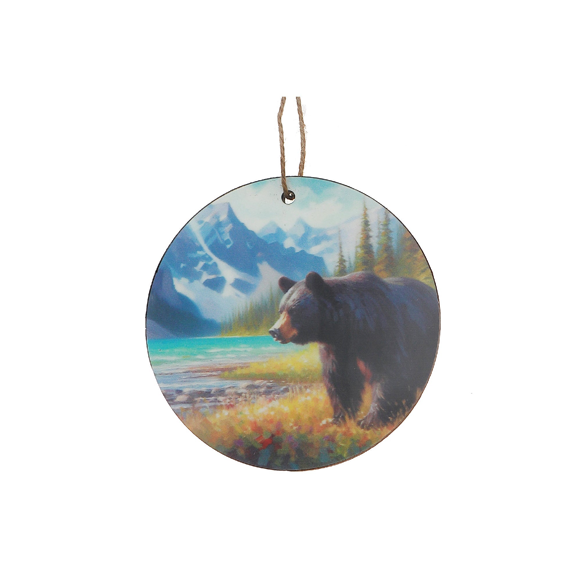 Wooden Round Wall Decor with Bear and Scenic Mountains Design - Set of 6, Rustic Lodge Wall Decor, Nature Inspired Home Accent