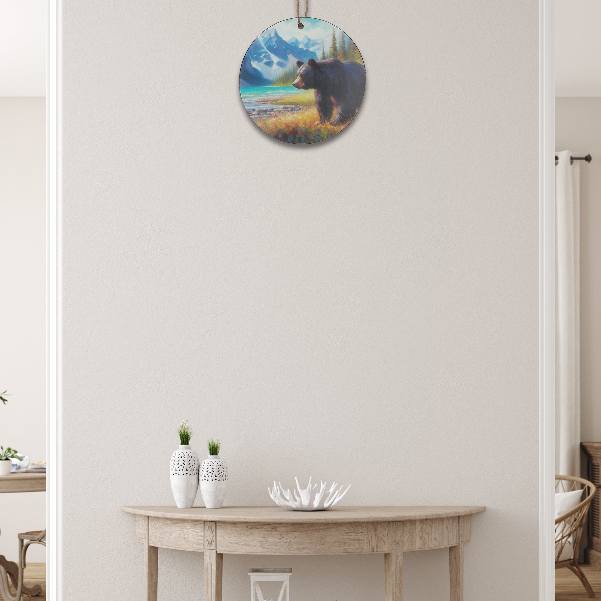 Wooden Round Wall Decor with Bear and Scenic Mountains Design - Set of 6, Rustic Lodge Wall Decor, Nature Inspired Home Accent