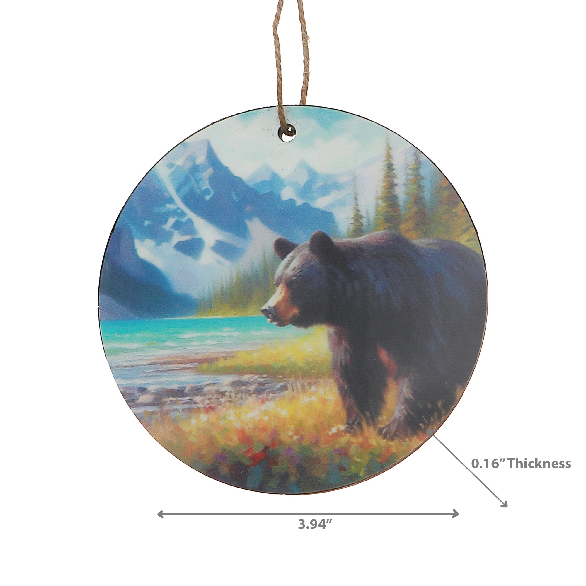 Wooden Round Wall Decor with Bear and Scenic Mountains Design - Set of 6, Rustic Lodge Wall Decor, Nature Inspired Home Accent