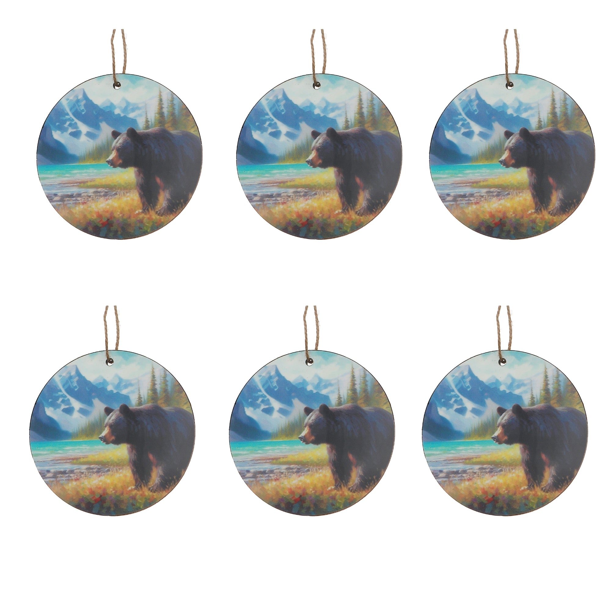 Wooden Round Wall Decor with Bear and Scenic Mountains Design - Set of 6, Rustic Lodge Wall Decor, Nature Inspired Home Accent