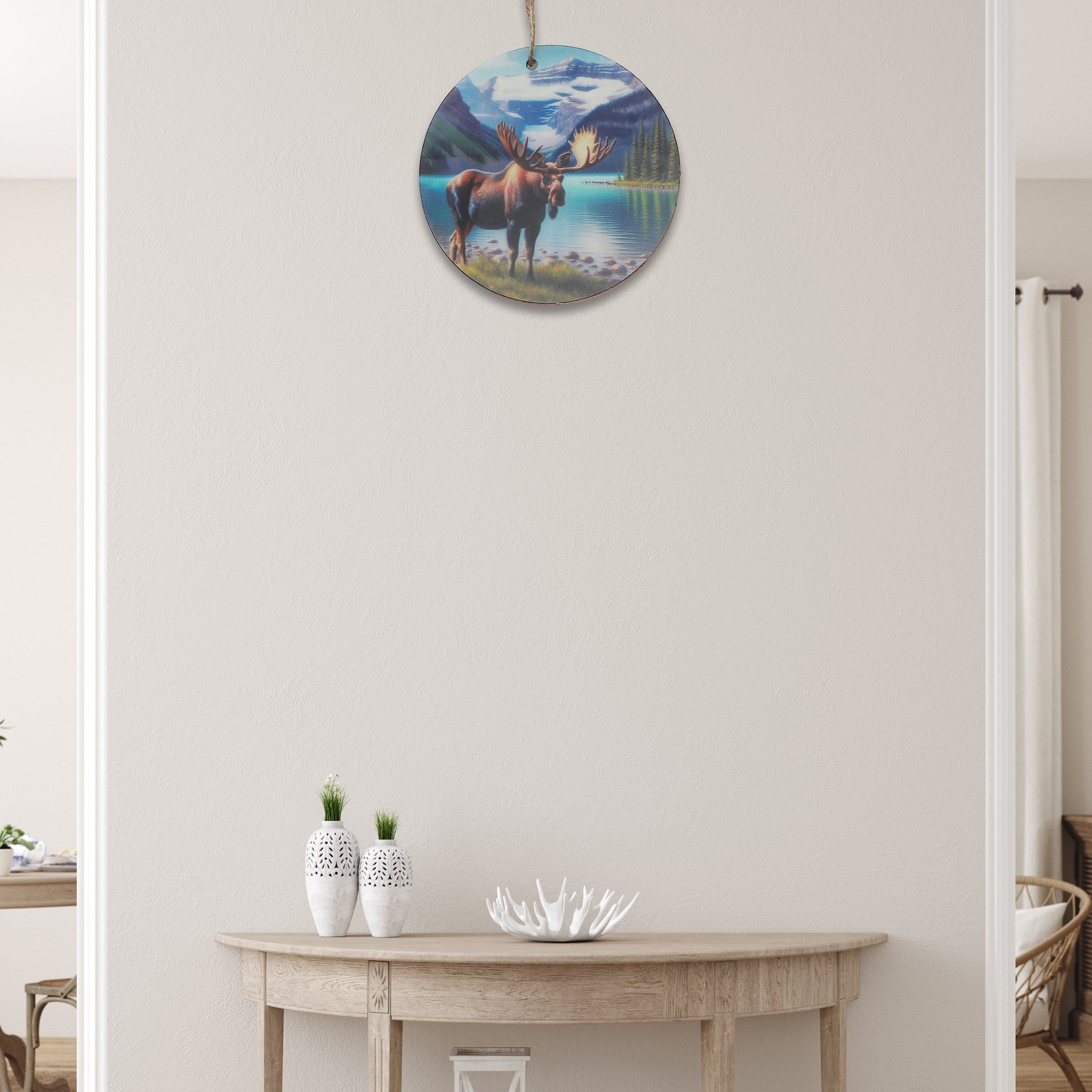 Wooden Round Wall Decor with Moose and Scenic Mountains Design - Set of 6, Rustic Lodge Wall Decor, Nature Inspired Home Accent