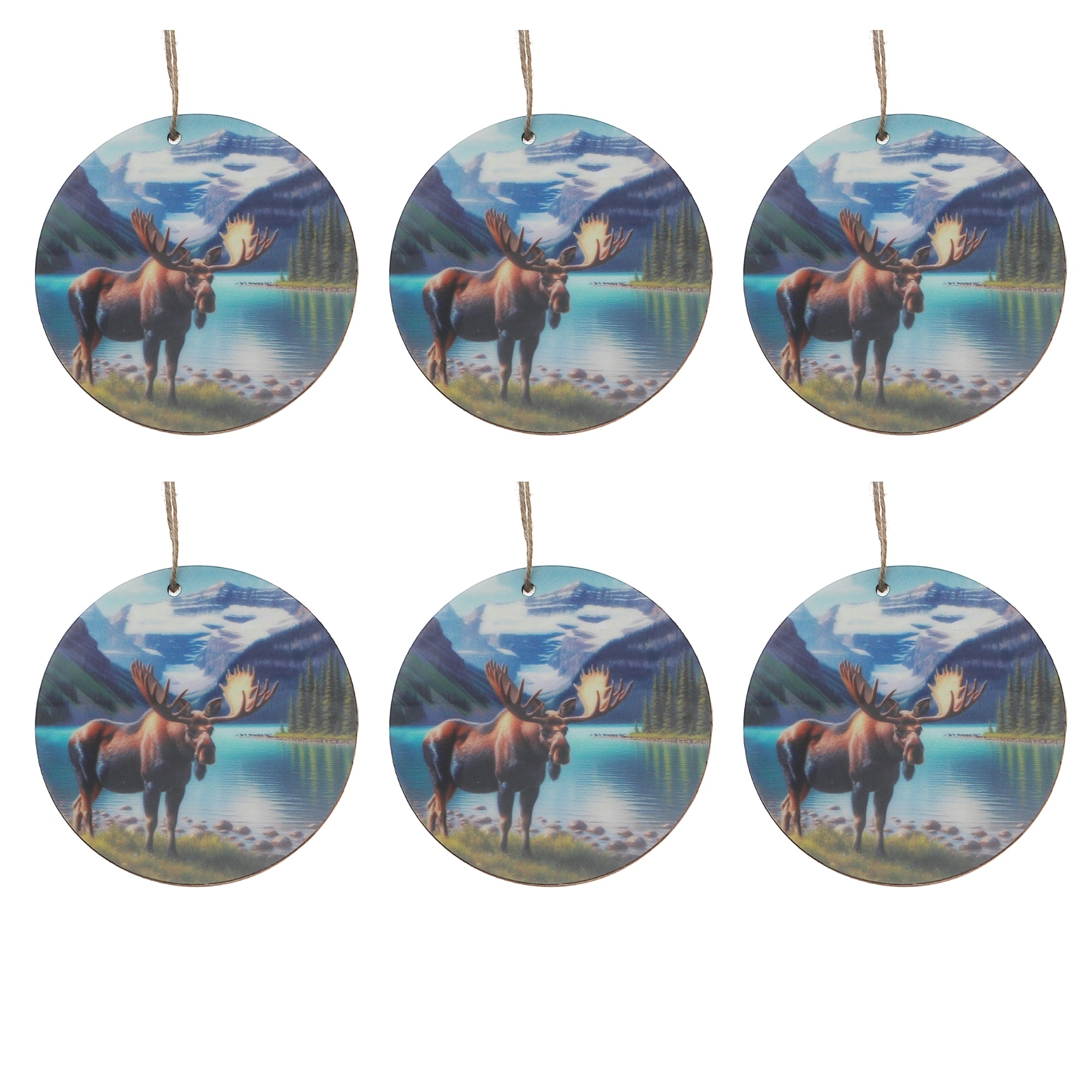 Wooden Round Wall Decor with Moose and Scenic Mountains Design - Set of 6, Rustic Lodge Wall Decor, Nature Inspired Home Accent