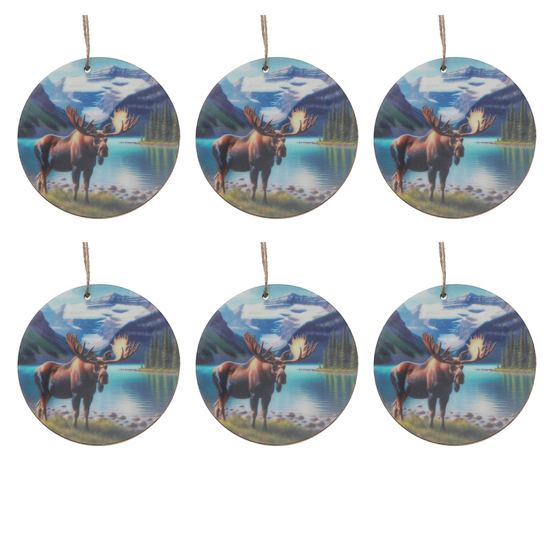 Wooden Round Wall Decorativer Moose Scenic Mountains - Set of 6