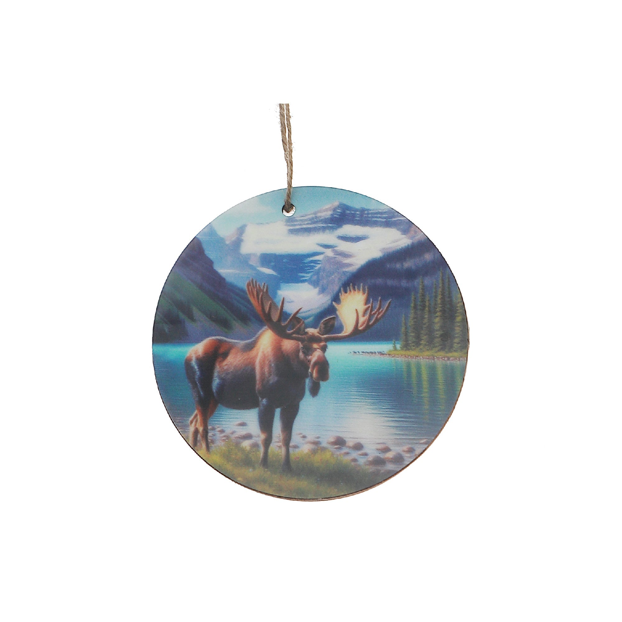 Wooden Round Wall Decor with Moose and Scenic Mountains Design - Set of 6, Rustic Lodge Wall Decor, Nature Inspired Home Accent