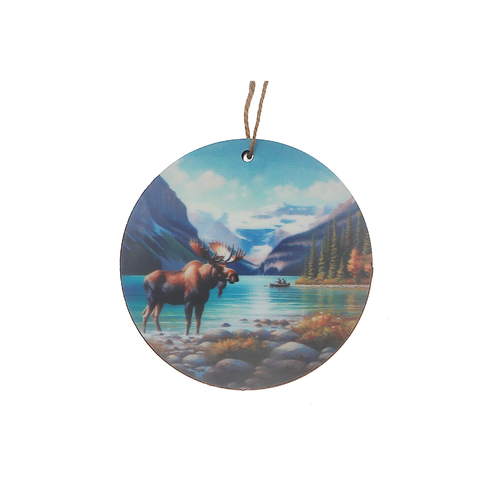Wooden Round Wall Decor with Moose and Scenic River Design - Set of 6, Rustic Lodge Wall Decor, Nature Inspired Home Accent