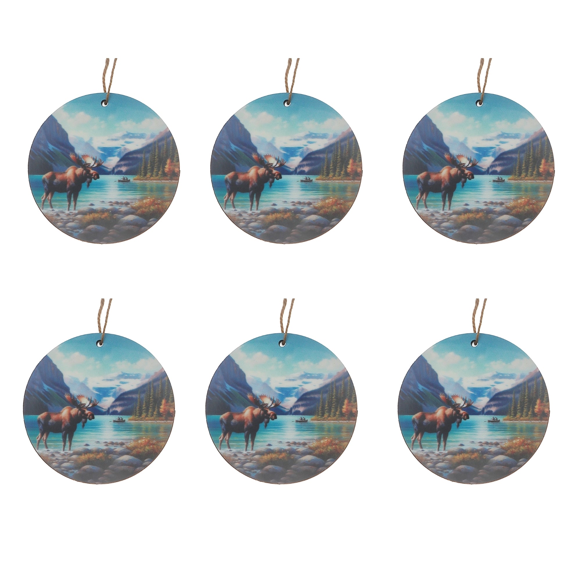 Wooden Round Wall Decor with Moose and Scenic River Design - Set of 6, Rustic Lodge Wall Decor, Nature Inspired Home Accent