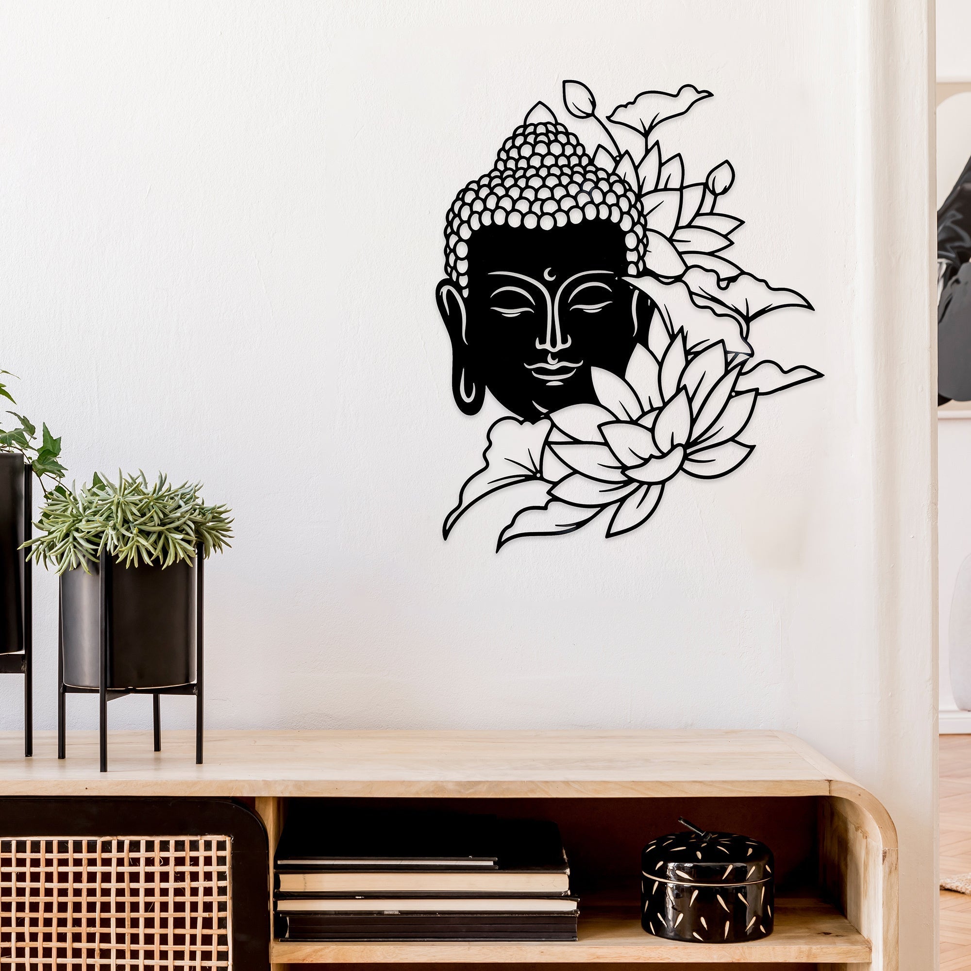 Black Metal Wall Decor with Buddha Head and Lotus Flowers Design, Zen Wall Accent, Spiritual Home Decoration, Meditation Room Art