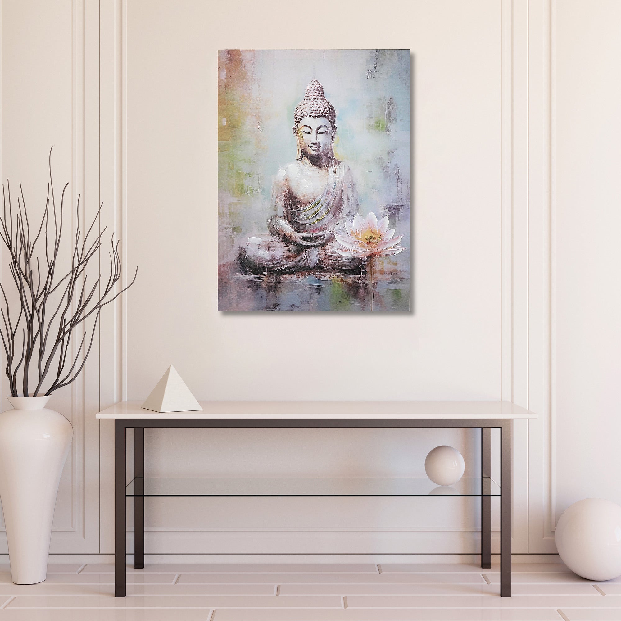 Canvas Wall Art Painting of Buddha with Lotus Flower, Spiritual Home Decor, Meditation Room Accent, Zen Wall Decoration
