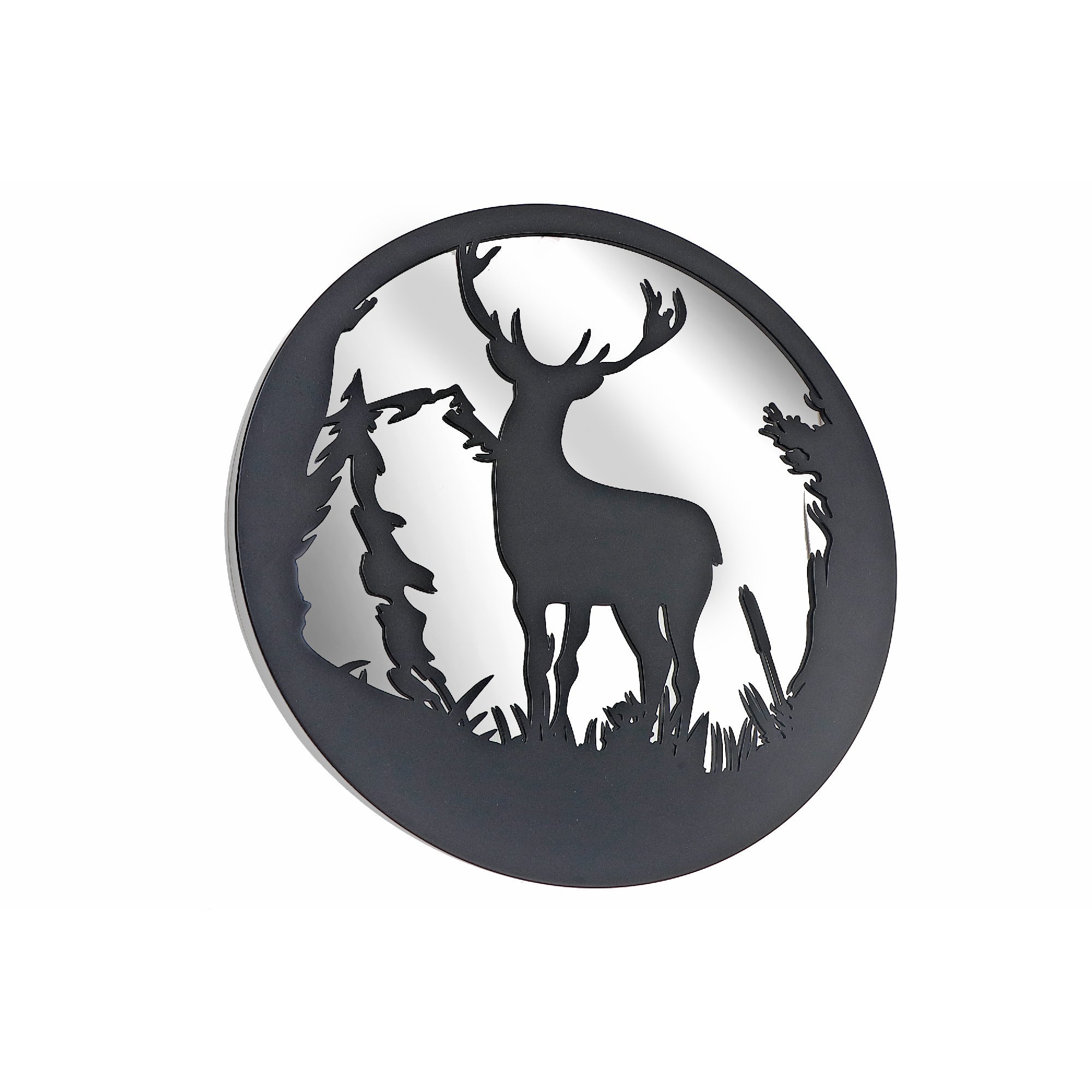 Round Black Galvanized Deer With Mirror Wall Decor, Round Black Galvanized Deer Wall Decor With Mirror, Rustic Accent
