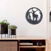 Round Black Galvanized Deer With Mirror Wall Decor, Round Black Galvanized Deer Wall Decor With Mirror, Rustic Accent