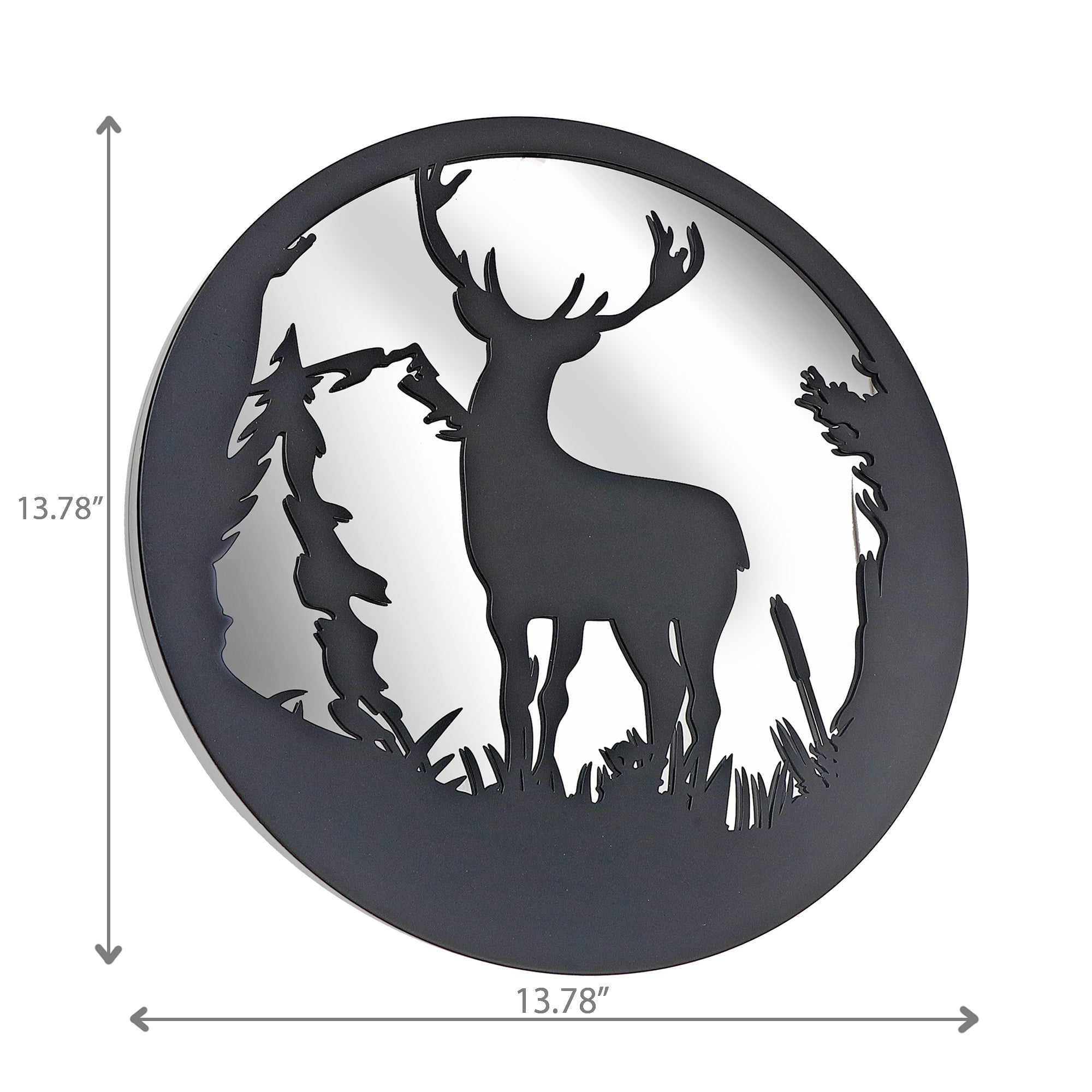 Round Black Galvanized Deer With Mirror Wall Decor, Round Black Galvanized Deer Wall Decor With Mirror, Rustic Accent
