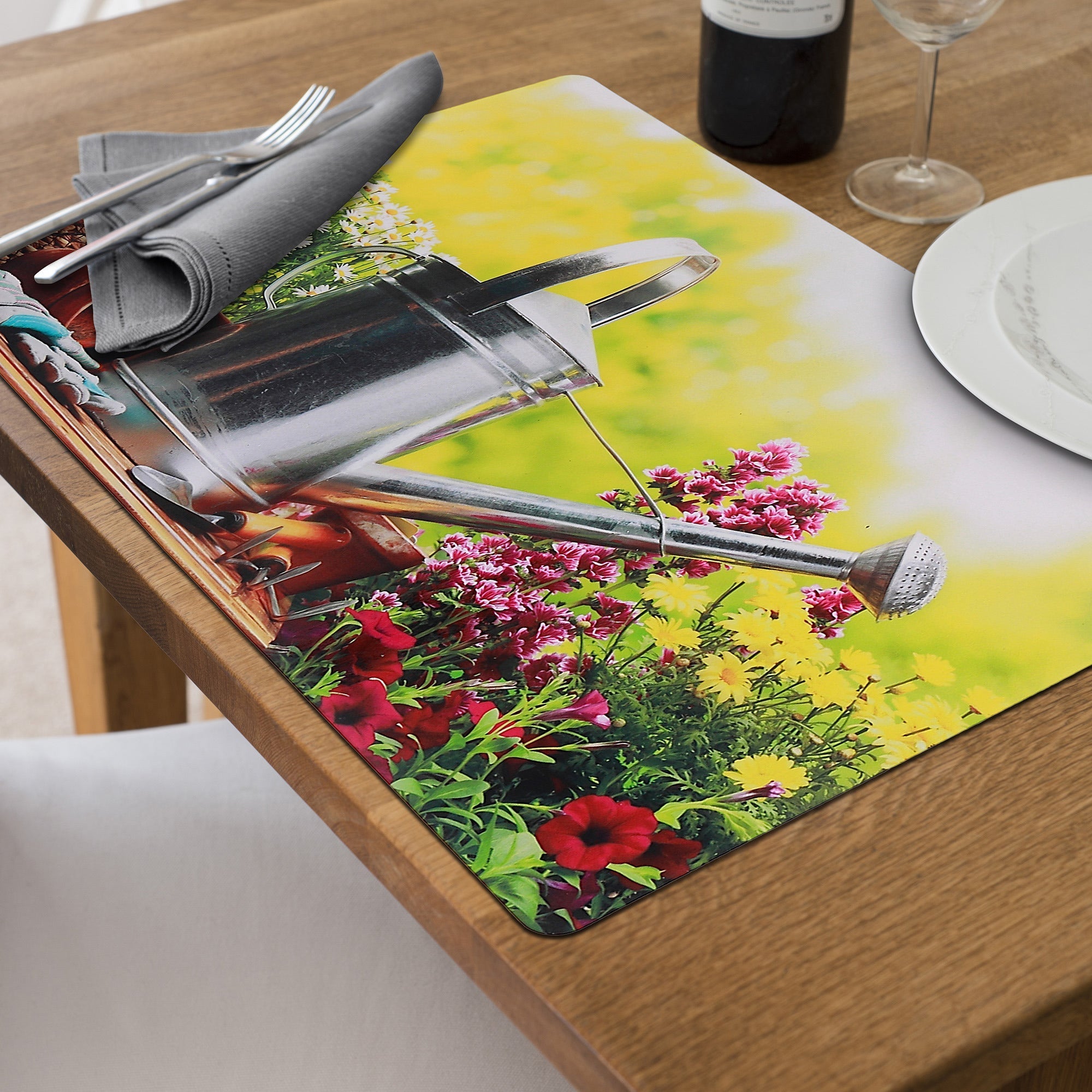 Plastic Placemat Watering Can Garden Theme, Farmhouse Kitchen Decor, Dining Table Mat, Wipe Clean Surface, Set of 12