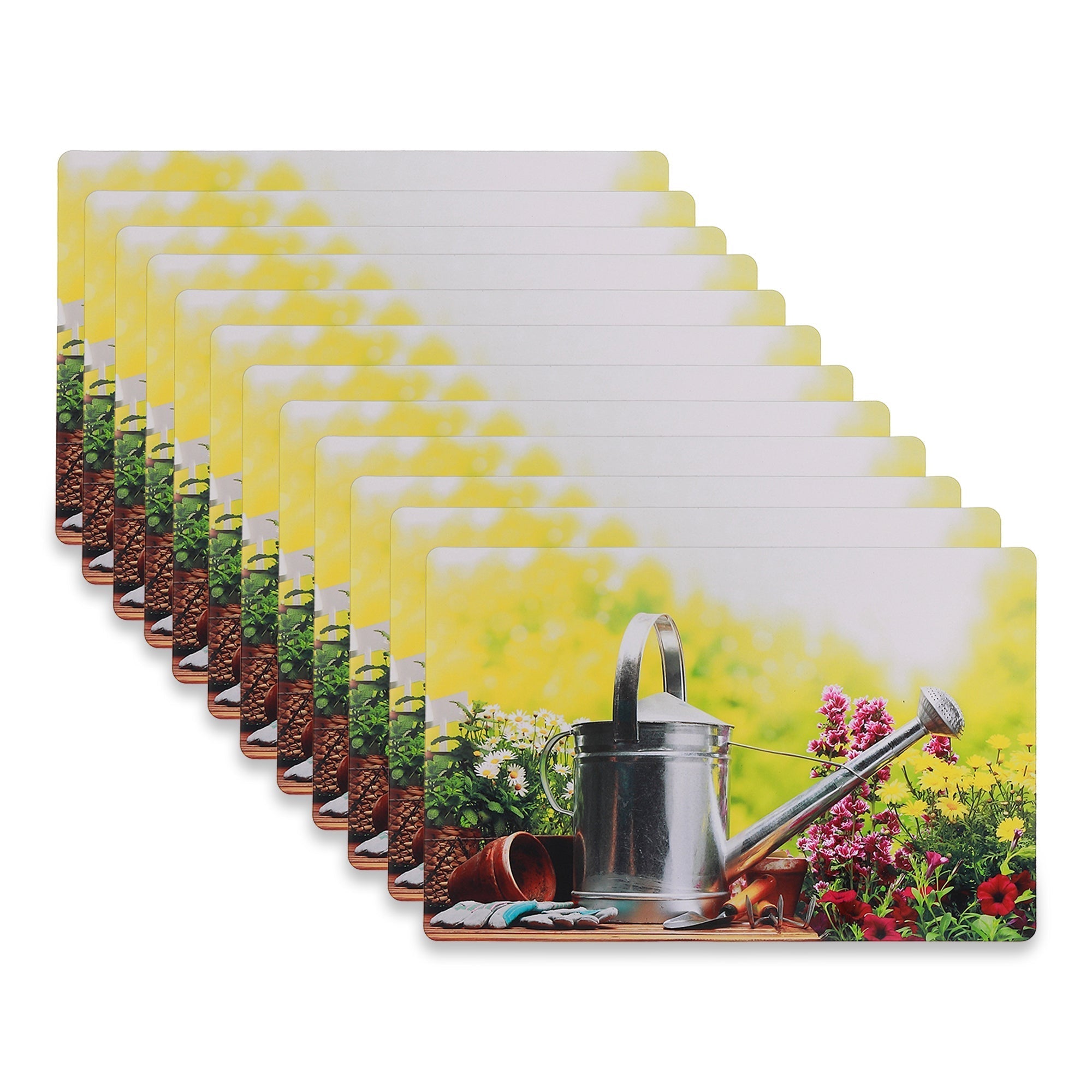 Plastic Placemat Watering Can Garden Theme, Farmhouse Kitchen Decor, Dining Table Mat, Wipe Clean Surface, Set of 12
