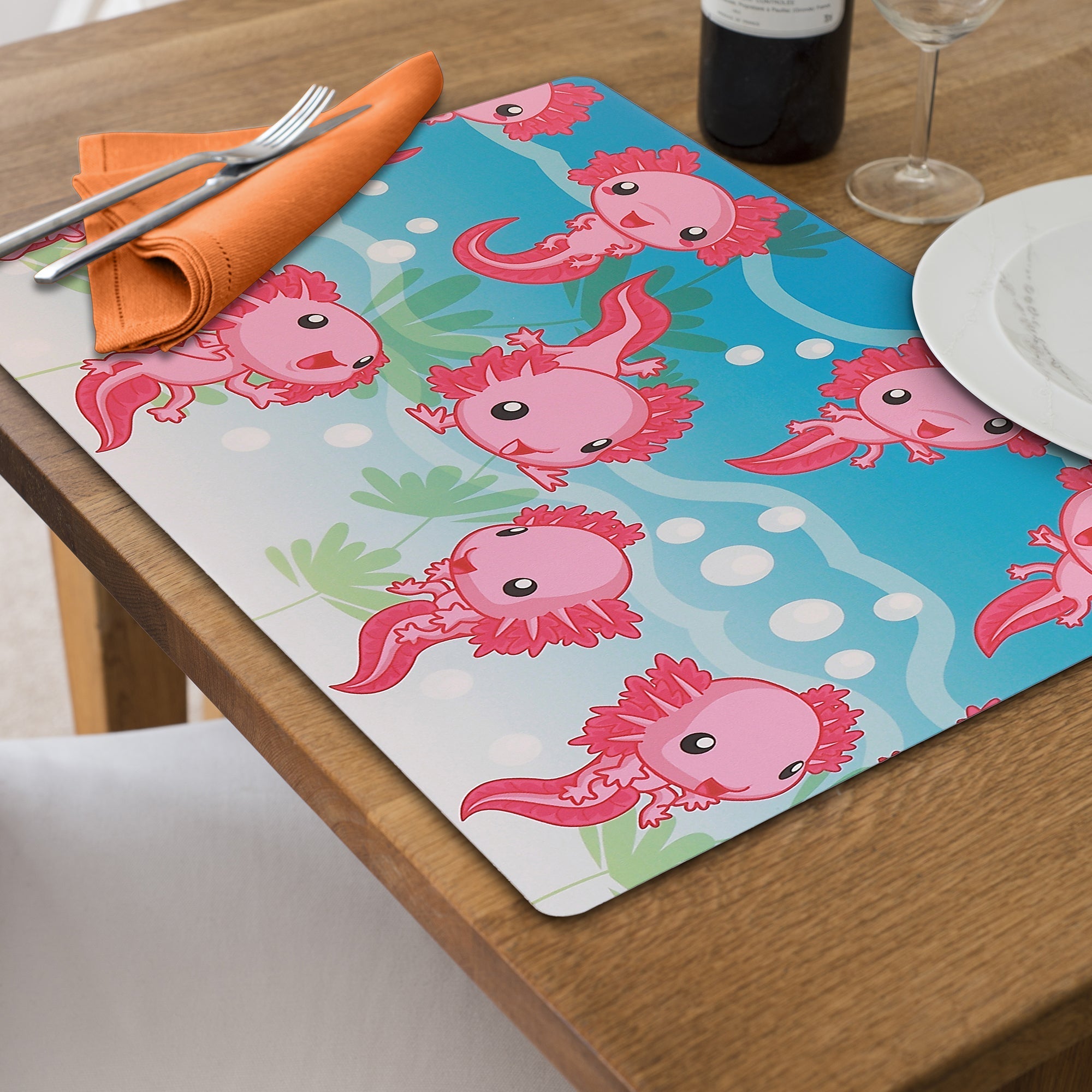 Axolotl Set of 5 Plastic Placemats – Kids Animal Tableware, Fun Dining Mats