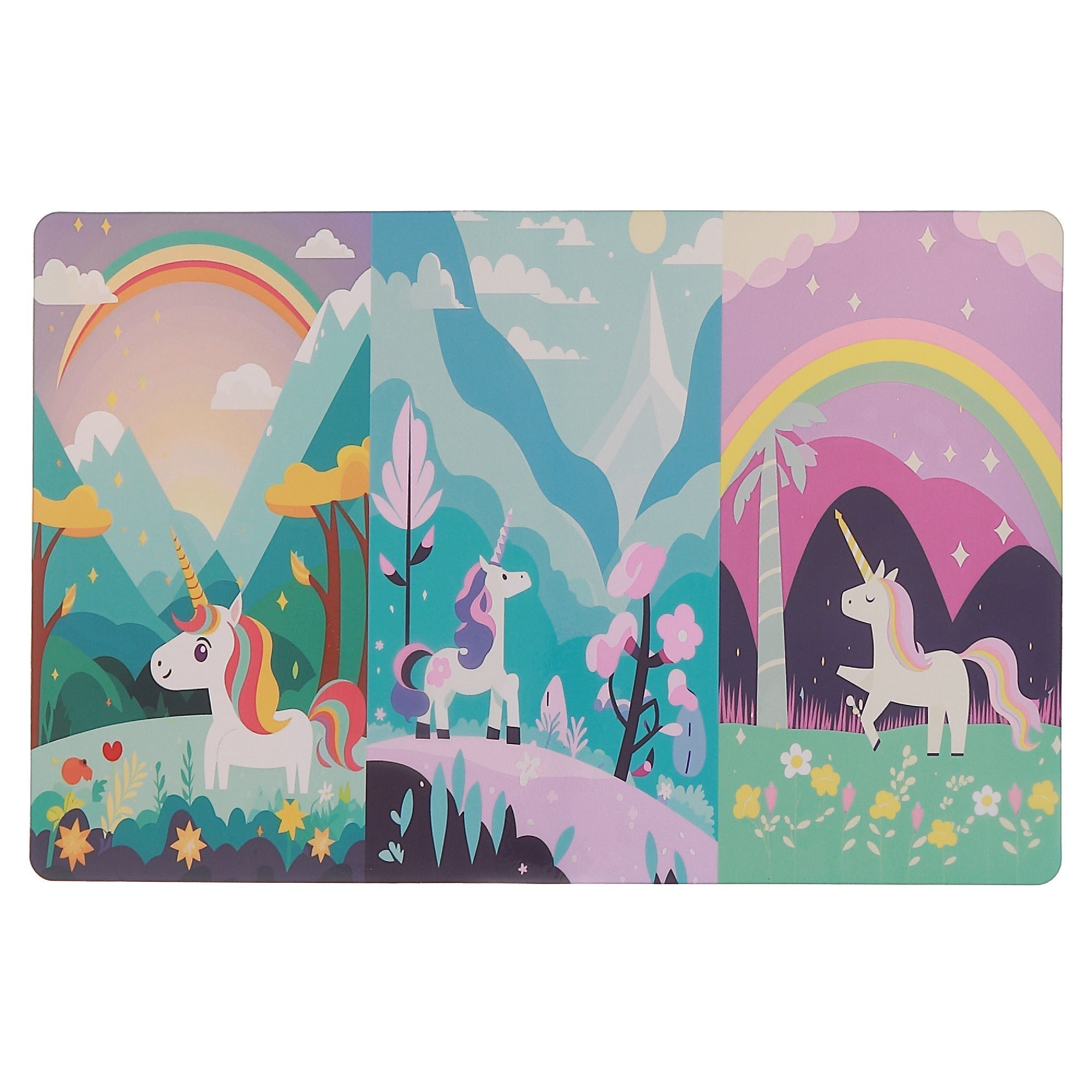 Unicorn Rainbow Plastic Placemat Set of 12 – Kids Table Decor, Magical Dining Mats