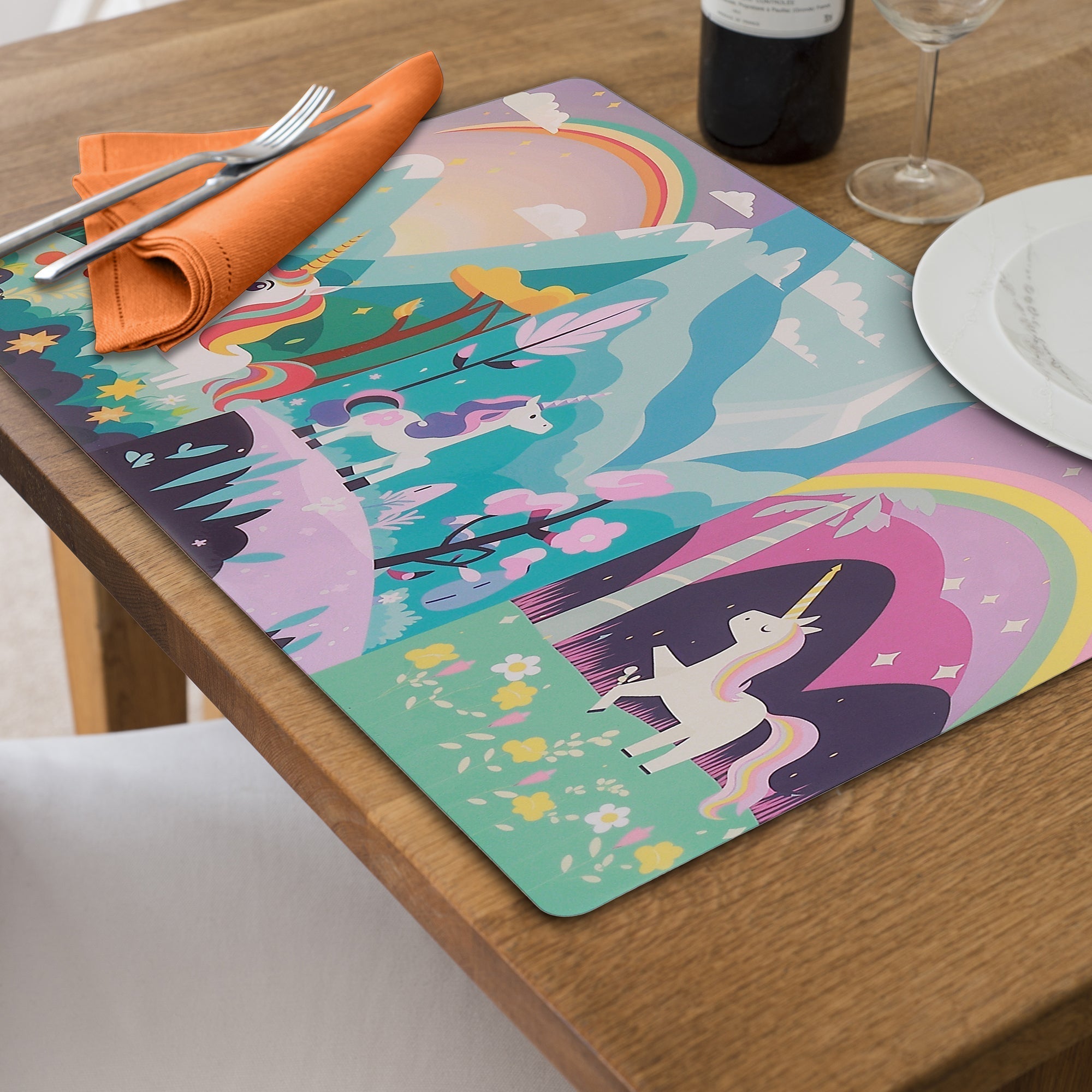 Unicorn Rainbow Plastic Placemat Set of 12 – Kids Table Decor, Magical Dining Mats