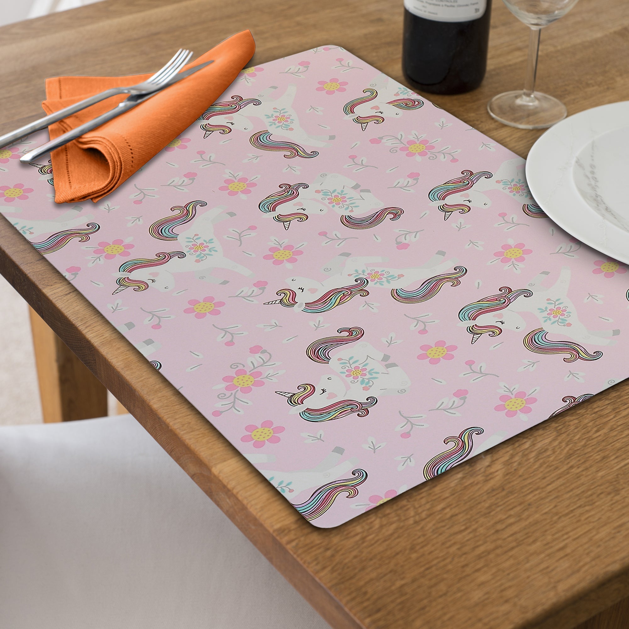 Unicorn Floral Plastic Placemat Set of 12 – Kids Table Decor, Colorful Dining Mats