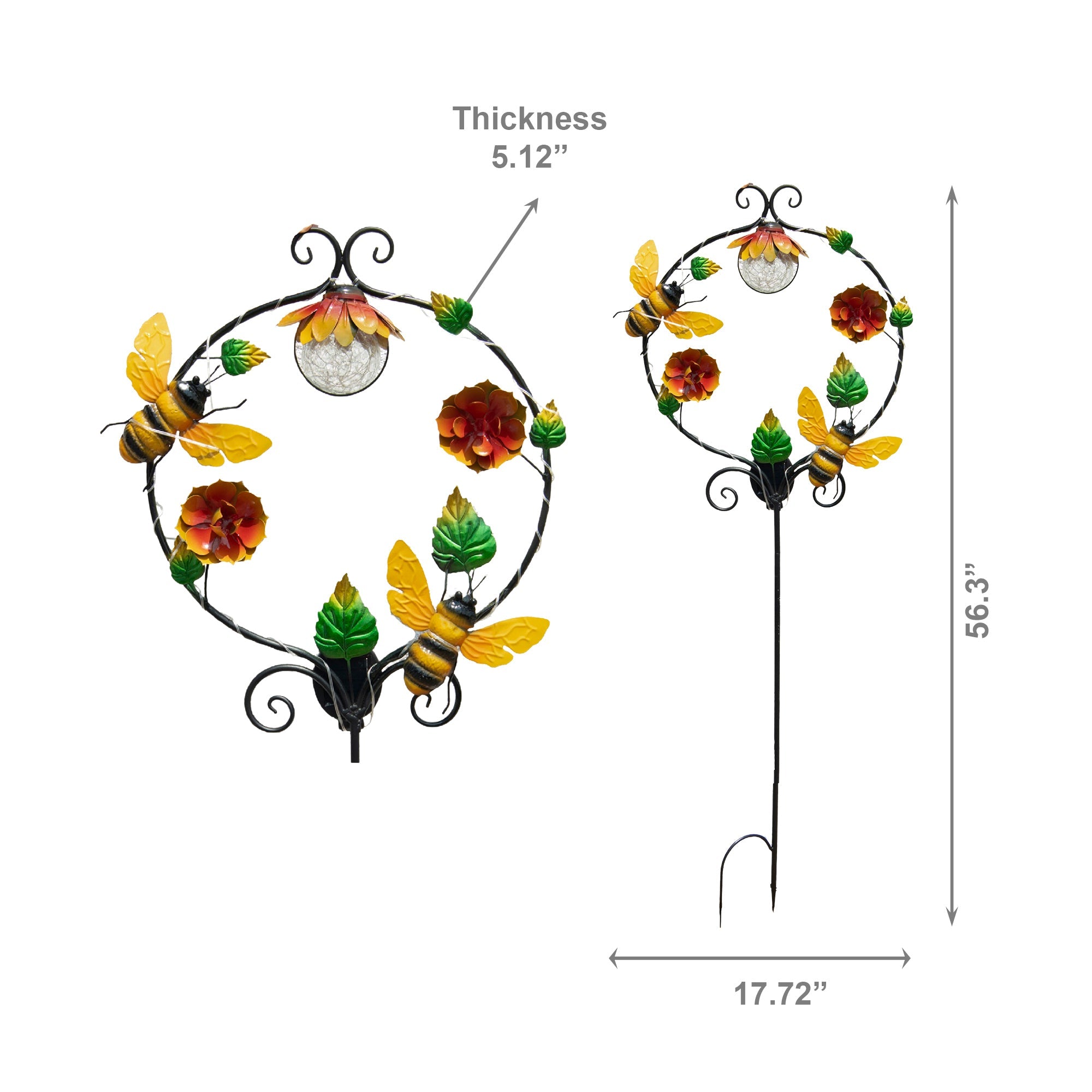 Solar-Powered Metal Garden Stake with Bee and Rose