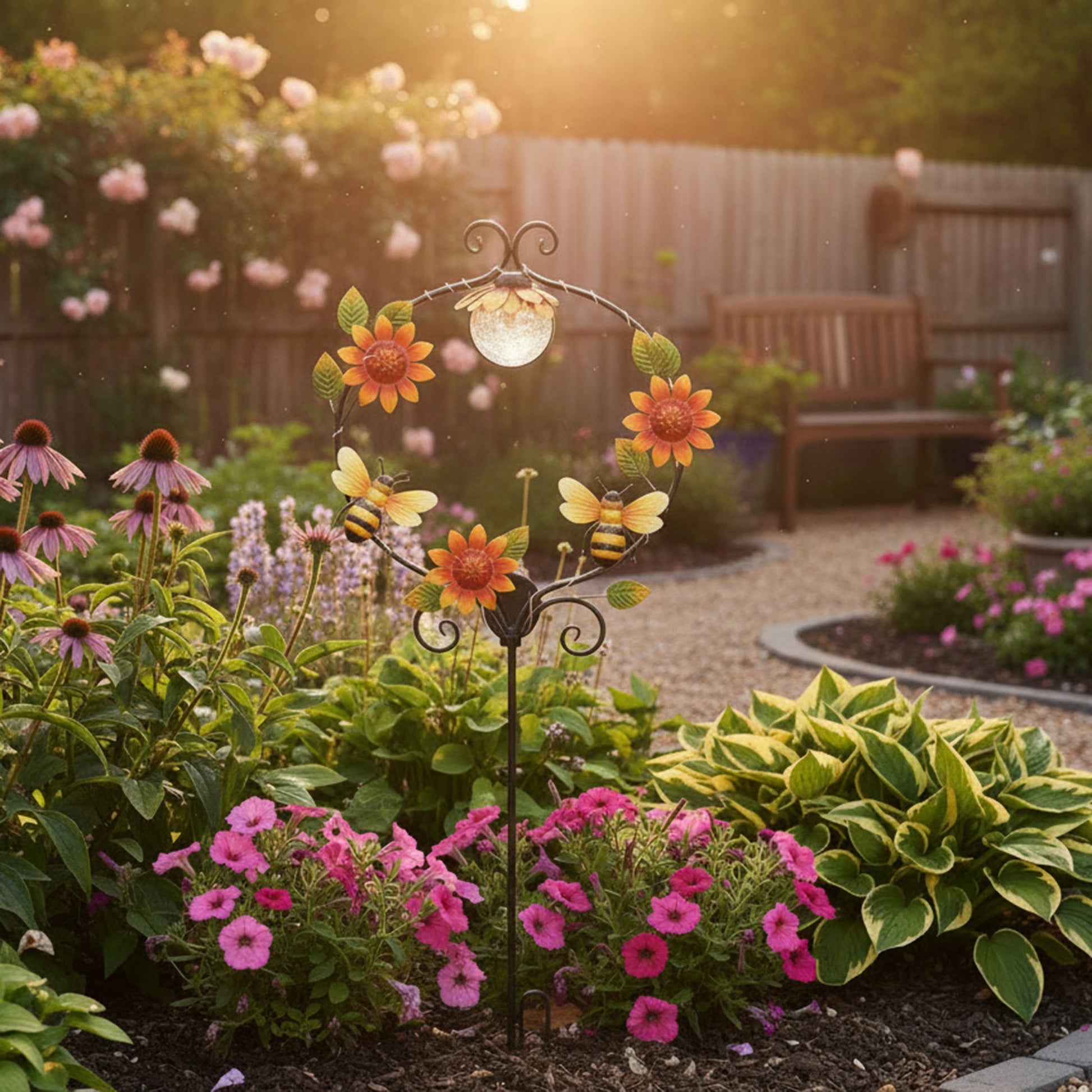 Solar-Powered Metal Garden Stake with Bee and Rose