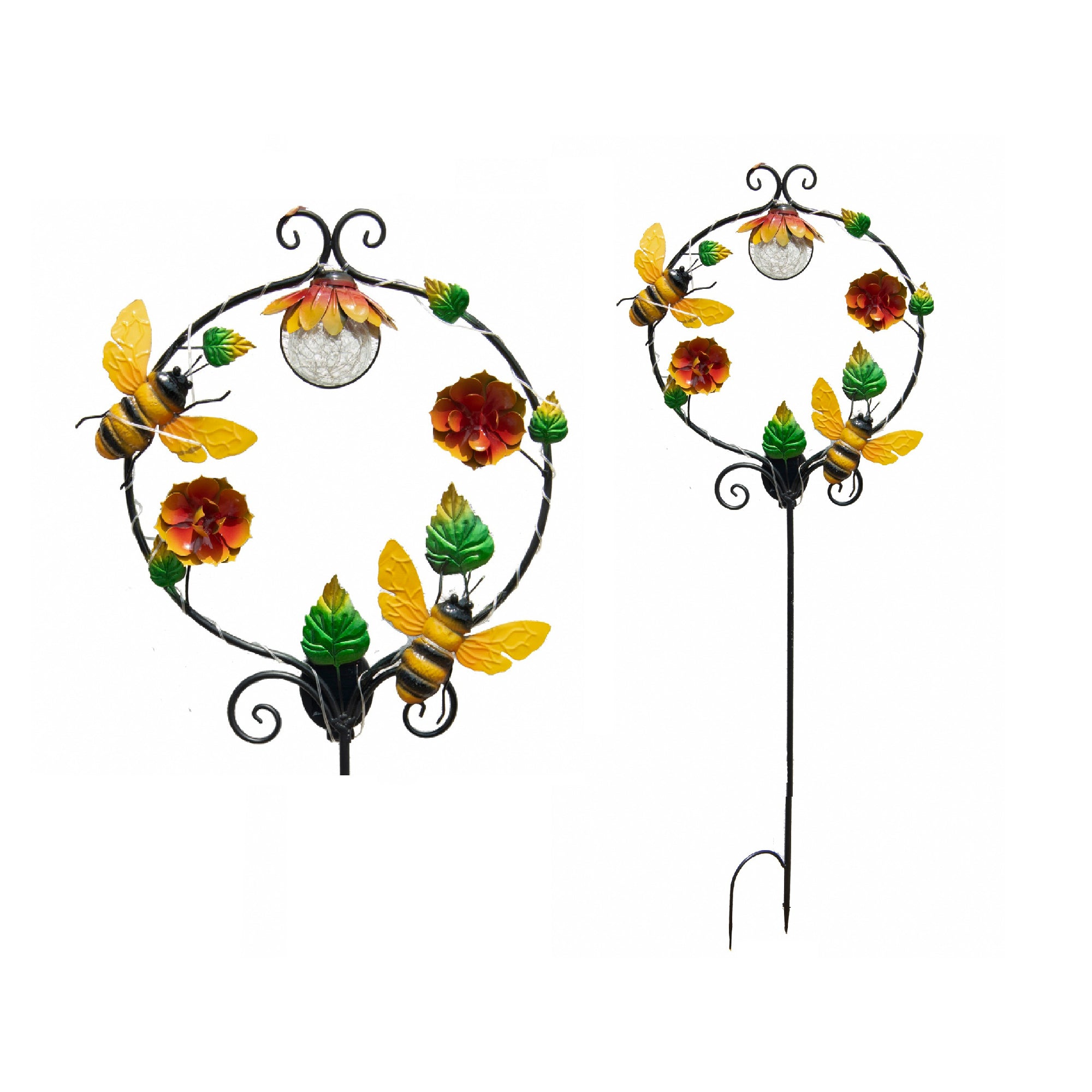Solar-Powered Metal Garden Stake with Bee and Rose