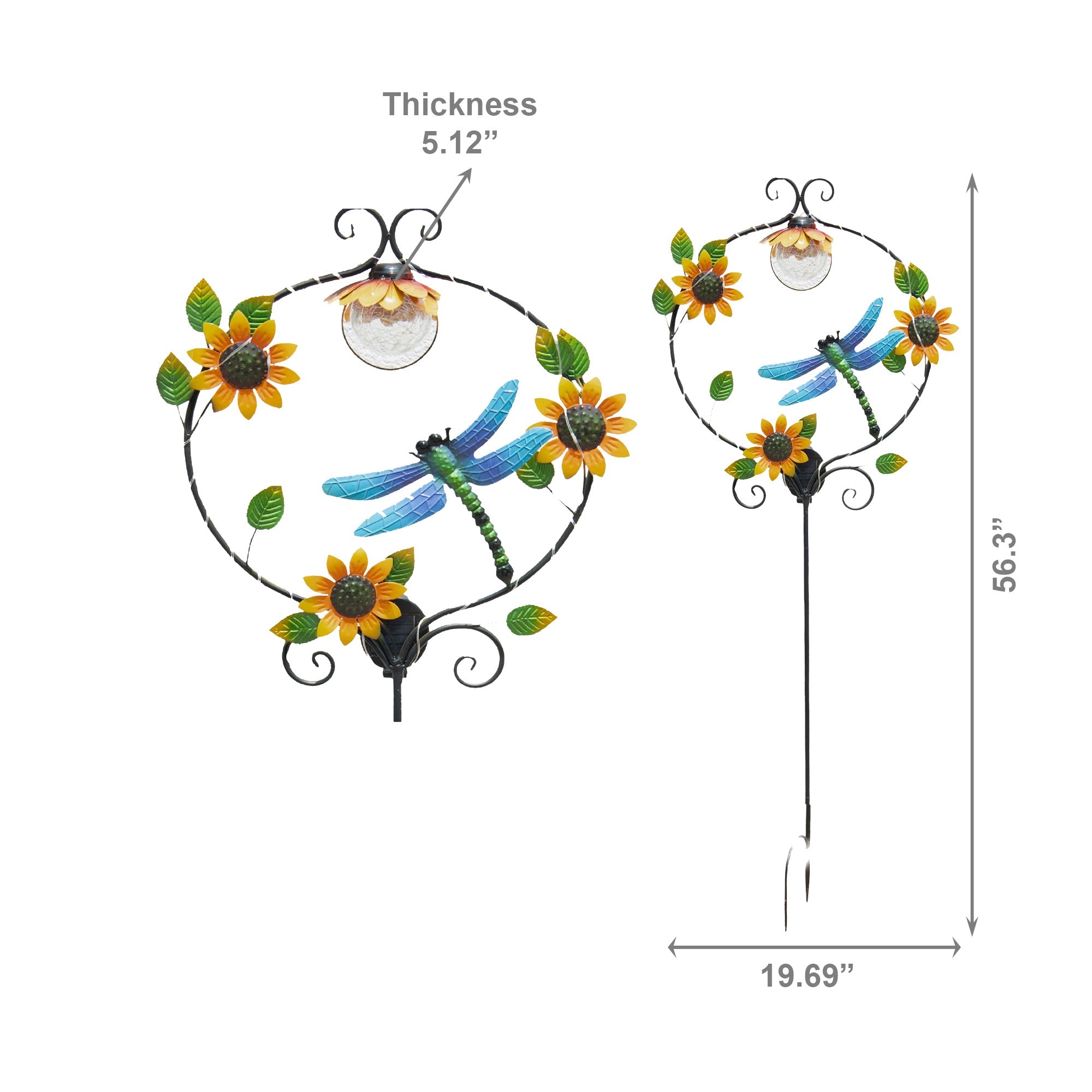 Solar Dragonfly and Sunflower Metal Garden Stake
