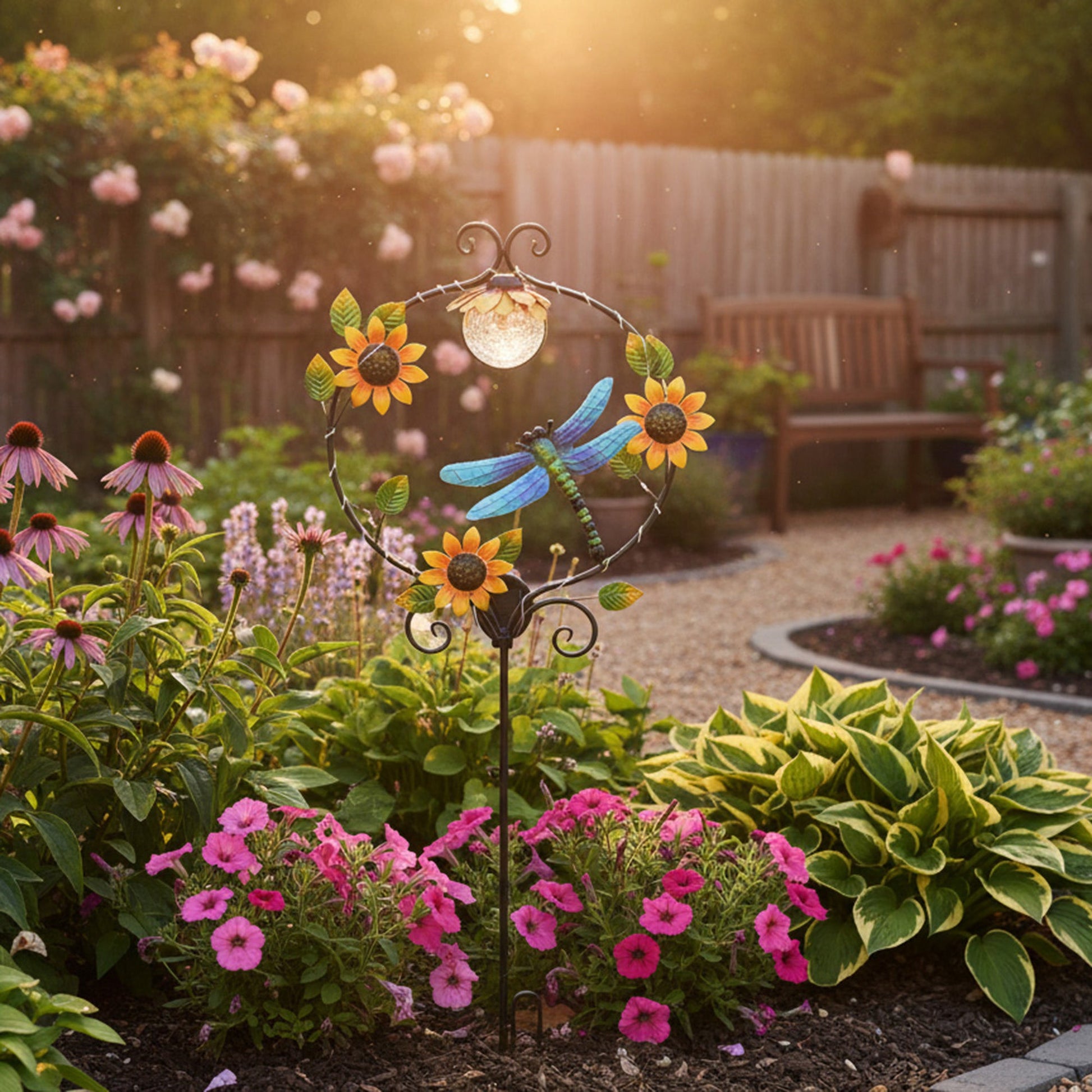 Solar Dragonfly and Sunflower Metal Garden Stake