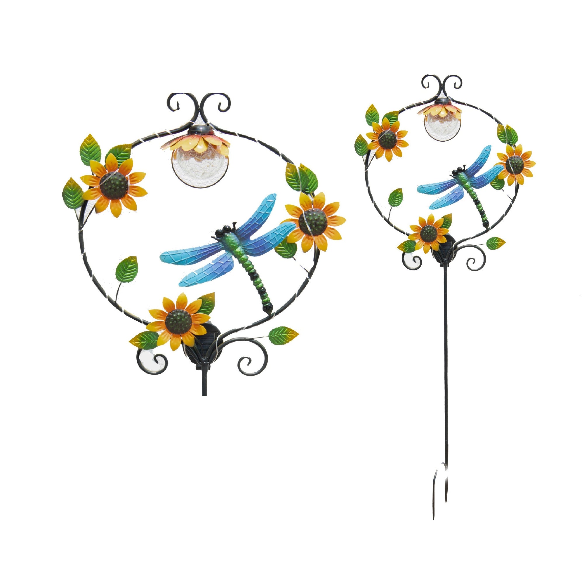 Solar Dragonfly and Sunflower Metal Garden Stake