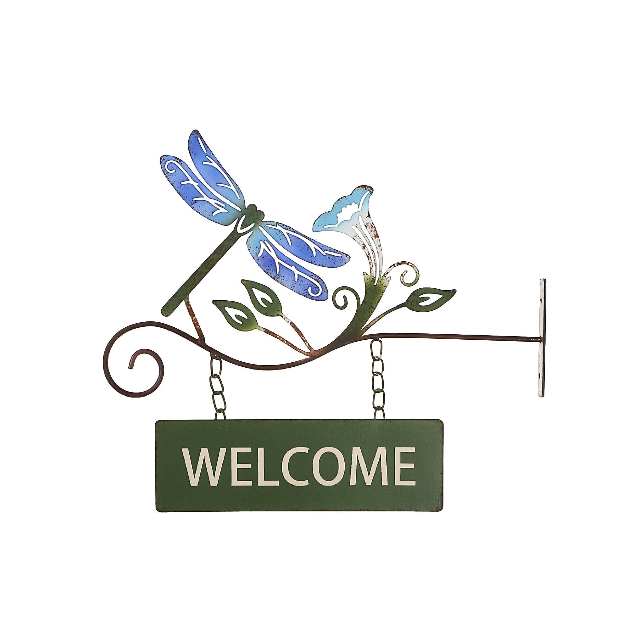 Hanging Metal Dragonfly Welcome Sign, Outdoor Wall Decor, Garden Accent