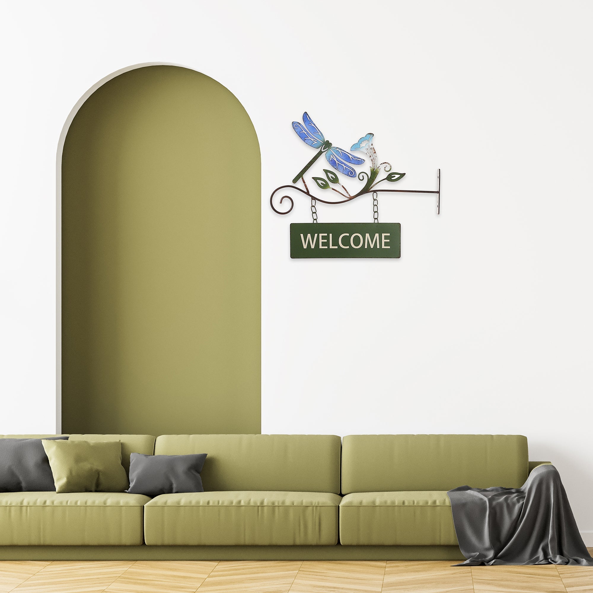 Hanging Metal Dragonfly Welcome Sign, Outdoor Wall Decor, Garden Accent